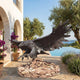 Life-Size Traditional Diving Strike Eagle Bronze Sculpture by Giant Sculptures on a stacked stone base, displayed on a Mediterranean terrace beside an infinity pool.