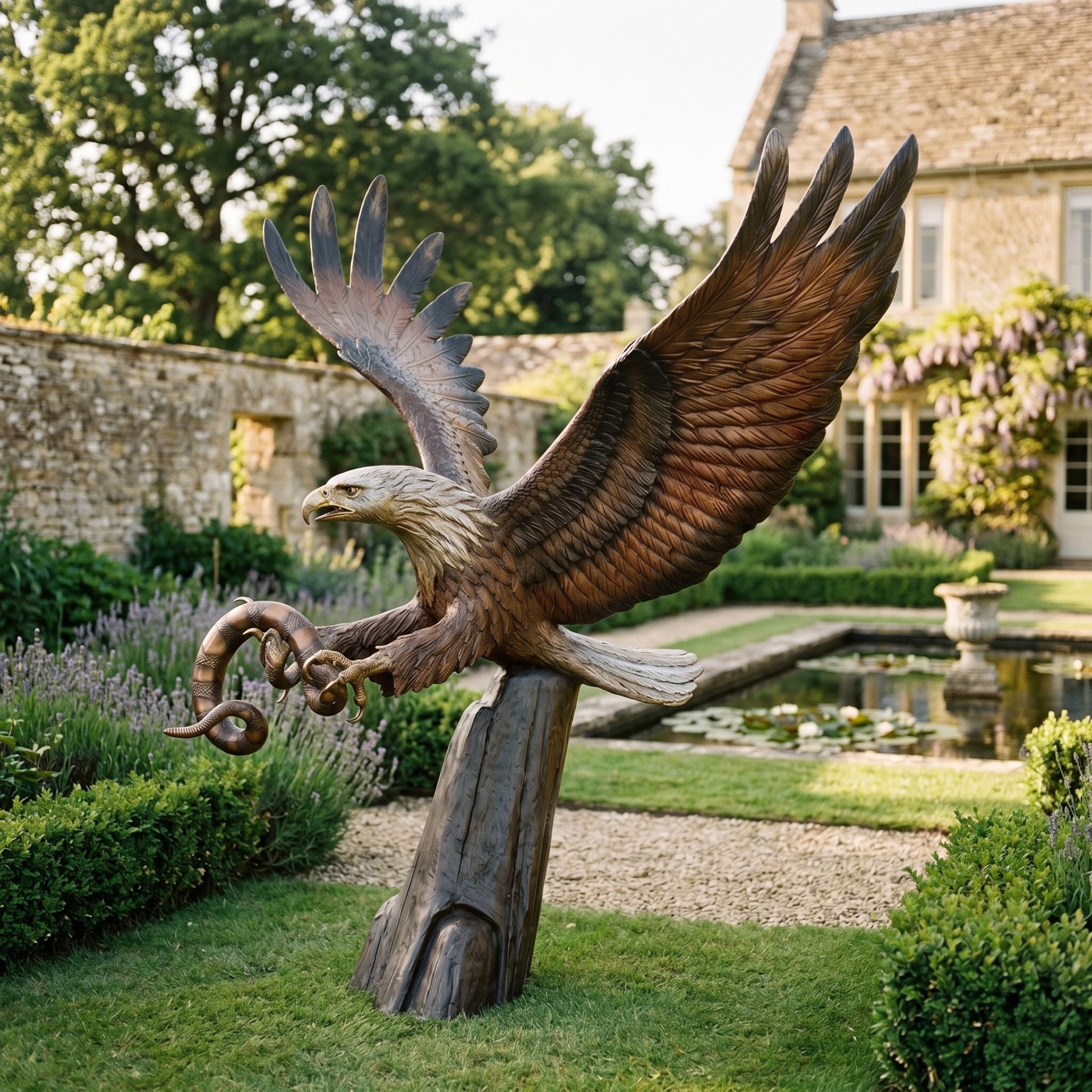 Life-Size Traditional Eagle Bronze Sculpture by Giant Sculptures, wings raised and talons clutching a coiled serpent, displayed in a formal garden by a pond.