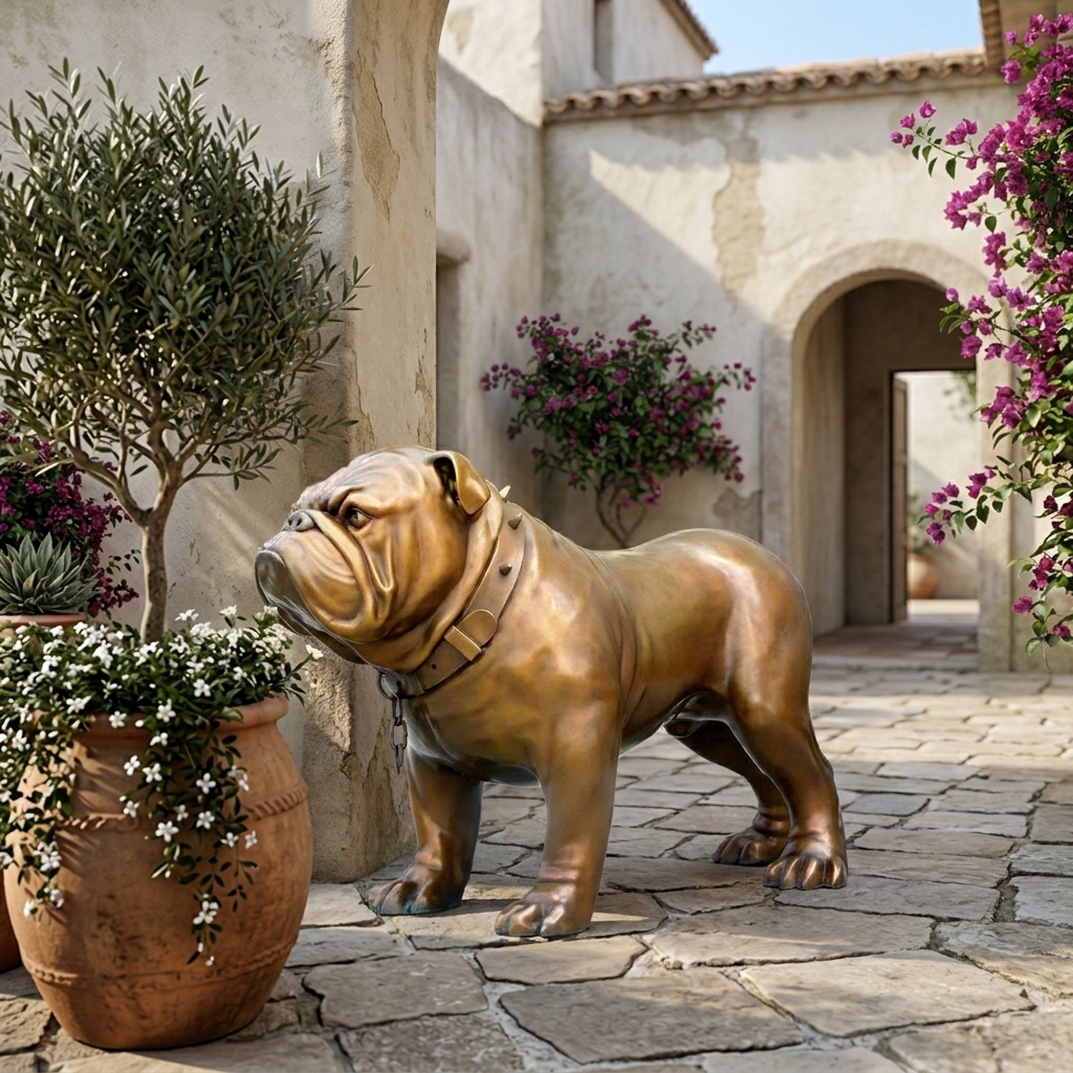 Life-Size Traditional English Bulldog Bronze Sculpture by Giant Sculptures with warm golden-brown patina and spiked collar, displayed on a Mediterranean stone courtyard.