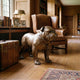 Life-Size Traditional English Bulldog Bronze Sculpture by Giant Sculptures, shown on wooden flooring beside a leather wingback chair and trunk in a wood-panelled library.