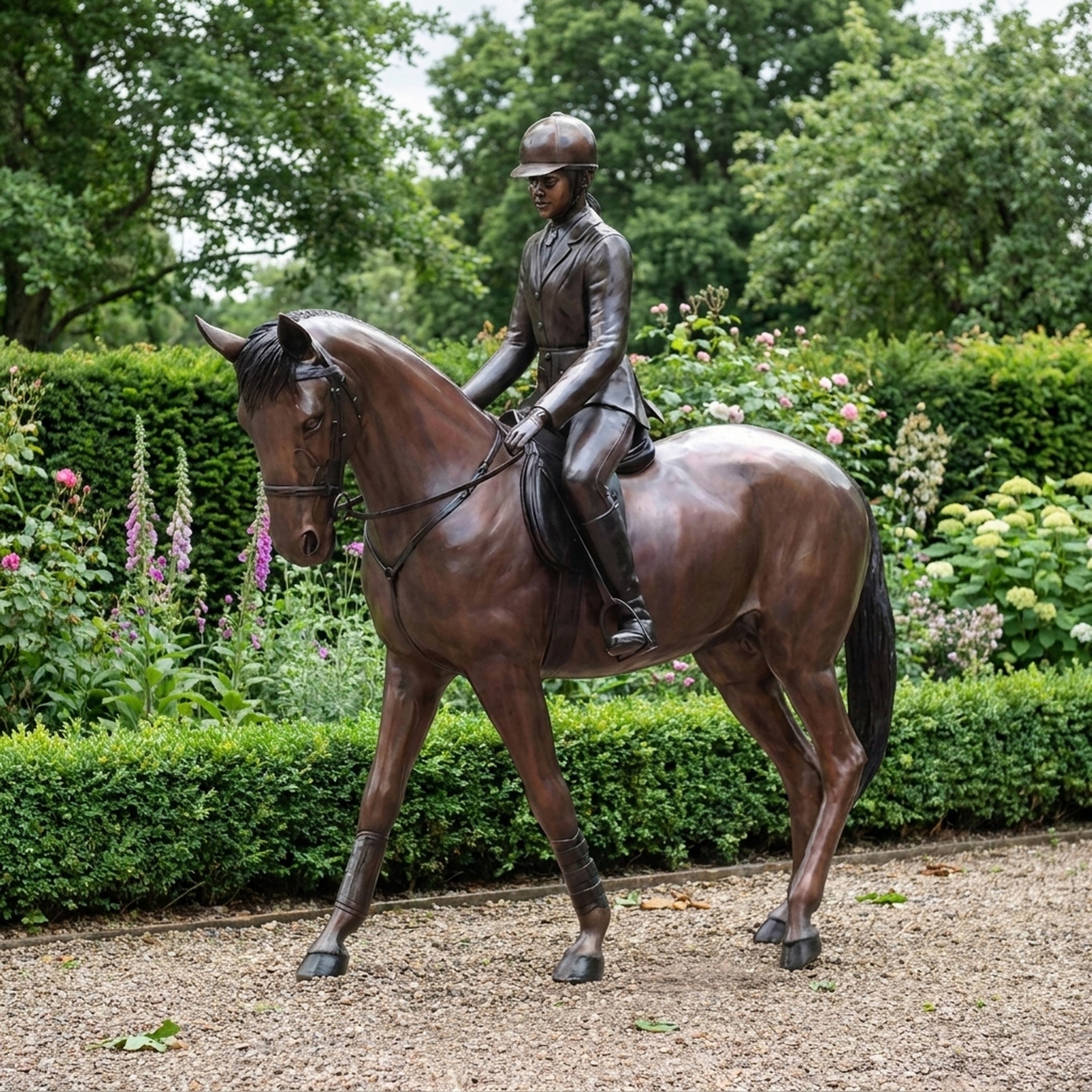Giant Sculptures Life-Size Traditional Female Equestrian Rider and Horse Bronze Sculpture in warm brown patina, displayed on gravel beside a clipped hedge and flowers.