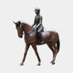 Giant Sculptures' 210cm Life-Size Traditional Female Equestrian Rider and Horse Bronze Sculpture in warm brown patina, horse mid-stride with rider seated upright.