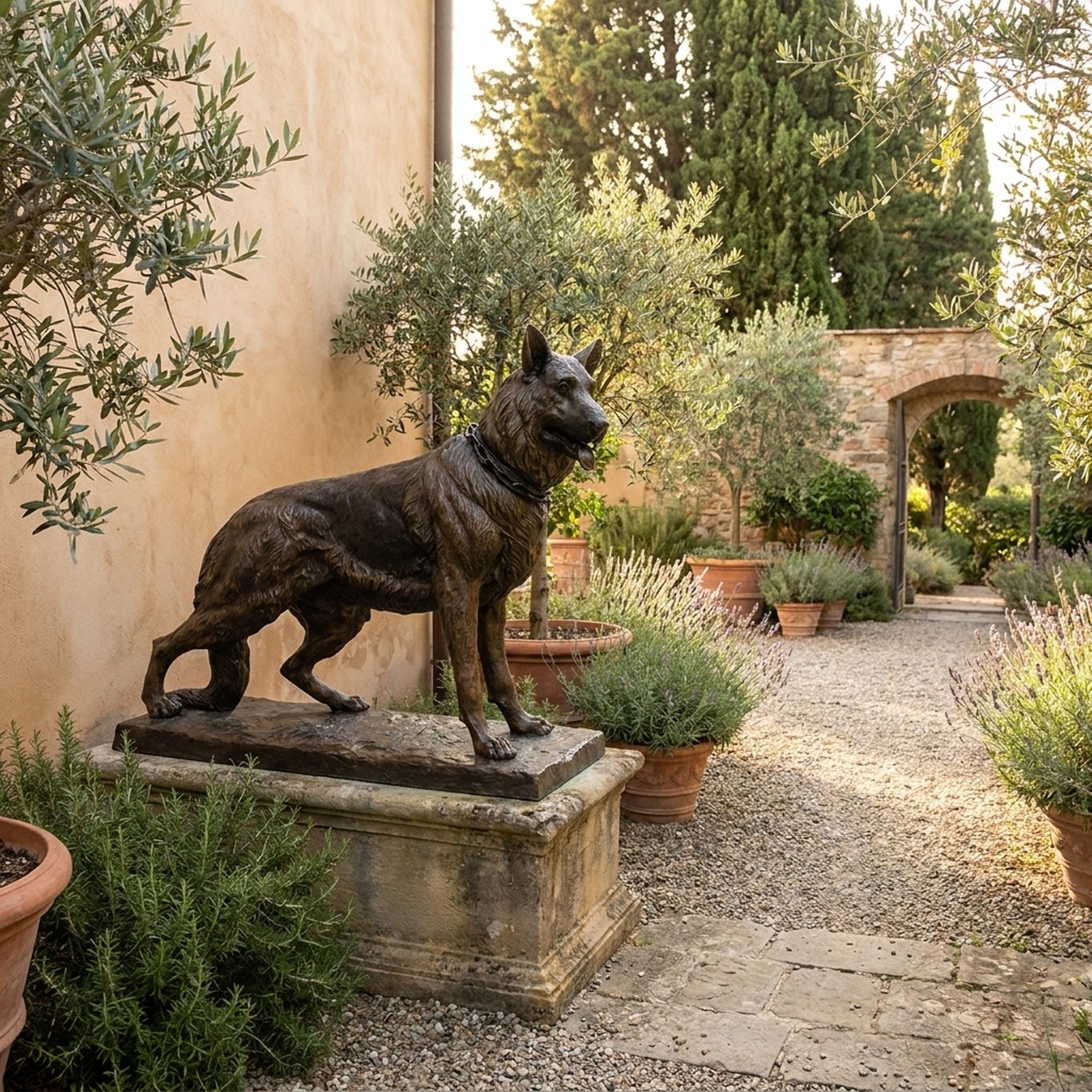 Life-Size Traditional German Shepherd Bronze Sculpture by Giant Sculptures on a weathered stone plinth in a Tuscan courtyard with olive trees and lavender.