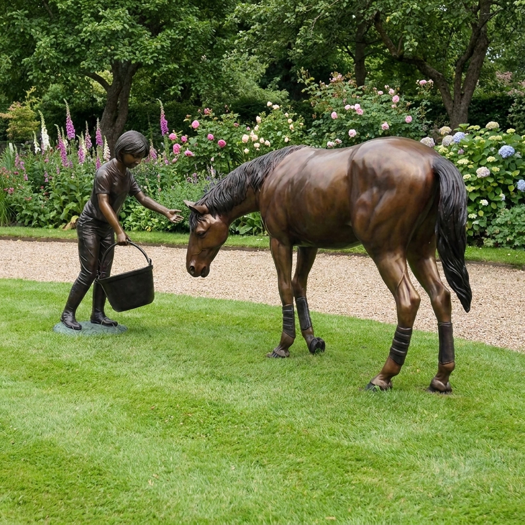 Life-Size Traditional Girl and Horse Bronze Sculpture (Companion Piece) - 160cm