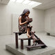 Life-Size Traditional Girl on Bench with Dog Bronze Sculpture by Giant Sculptures, seated girl holding a box as a small dog climbs wooden steps, in a gallery.
