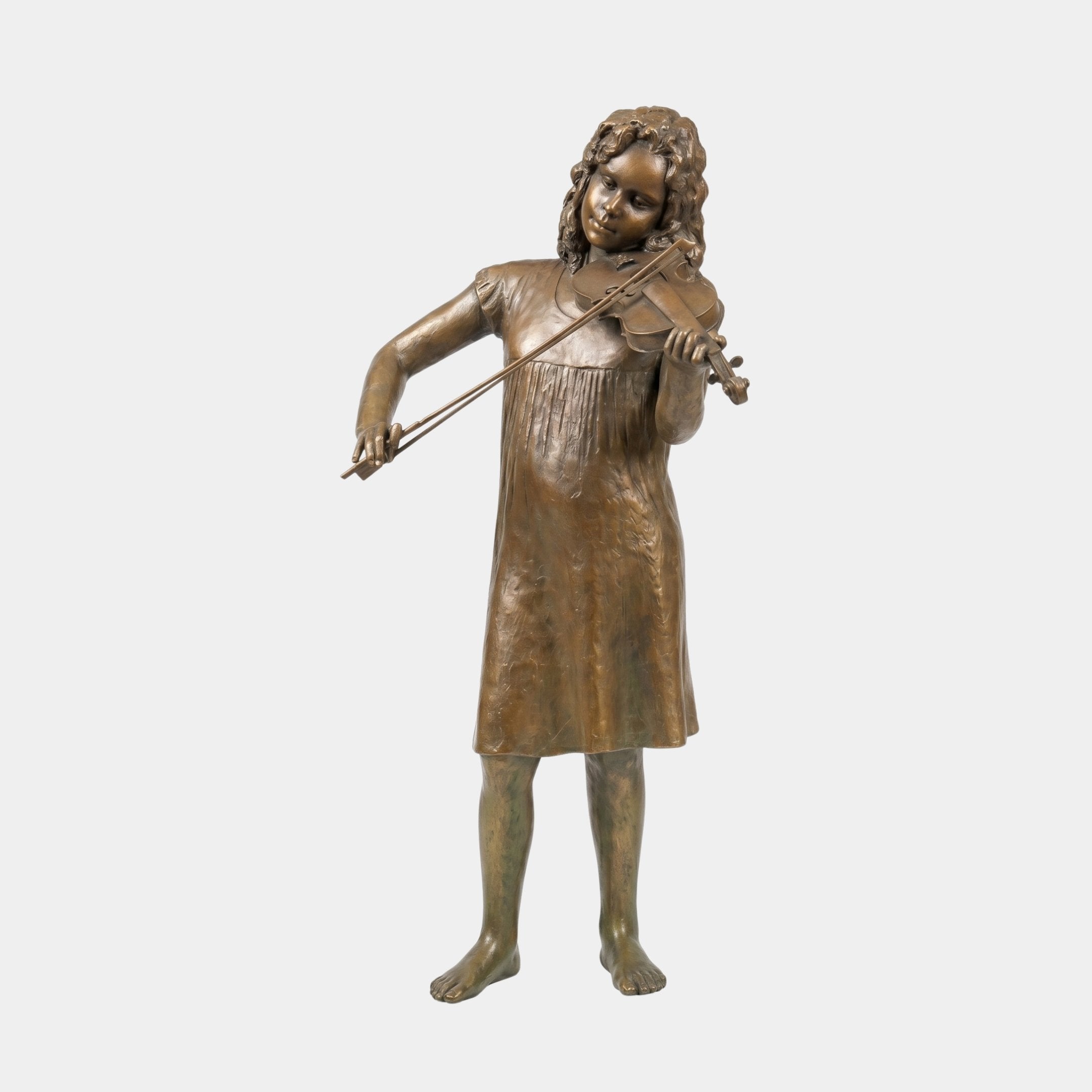 Life-Size Traditional Girl Playing Violin Bronze Sculpture 180cm by Giant Sculptures, warm brown patina, barefoot in dress, drawing bow, on plain background.