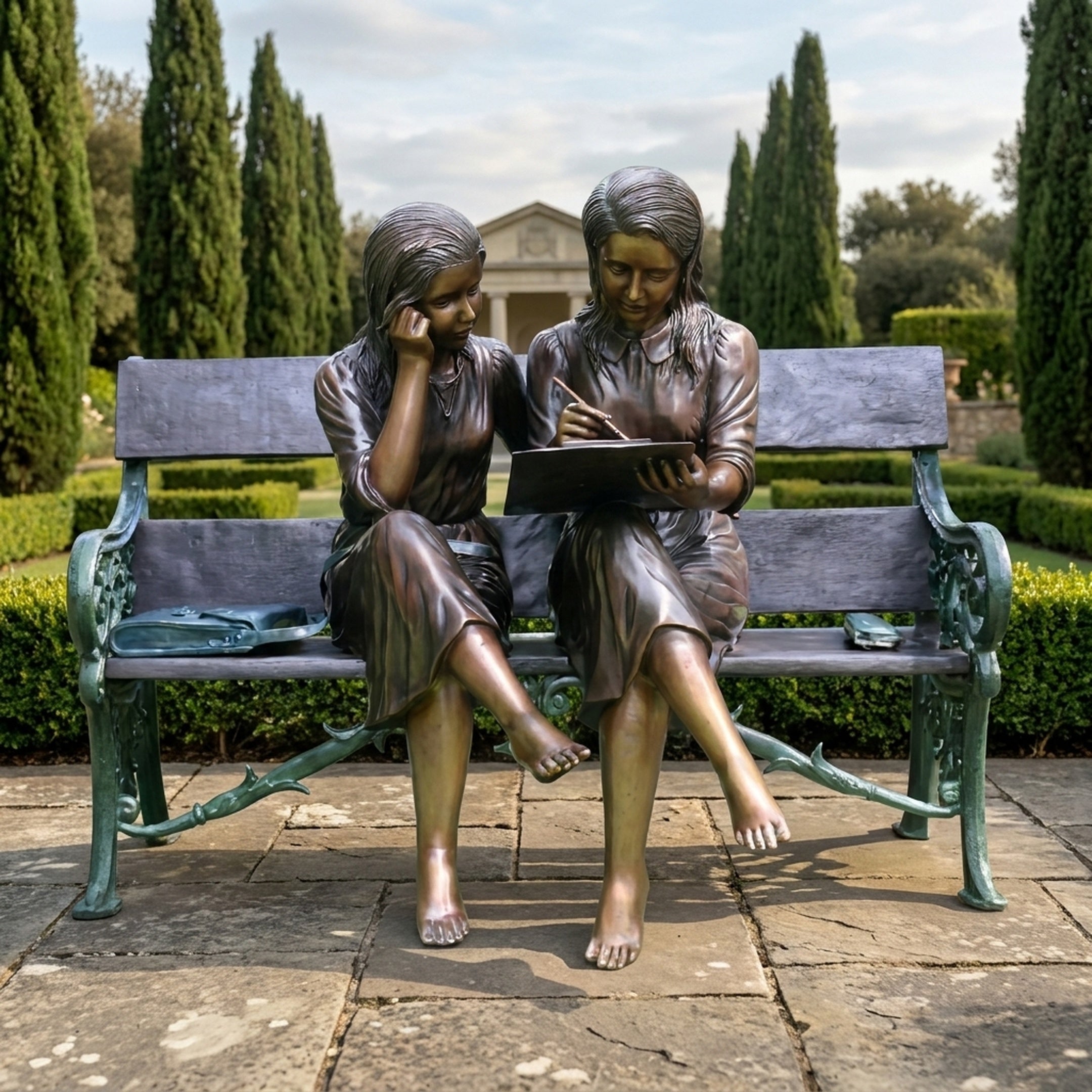 Life-Size Traditional Girls on Bench Bronze Sculpture by Giant Sculptures, showing two barefoot girls writing in a book together on an iron-framed bench in a formal garden.