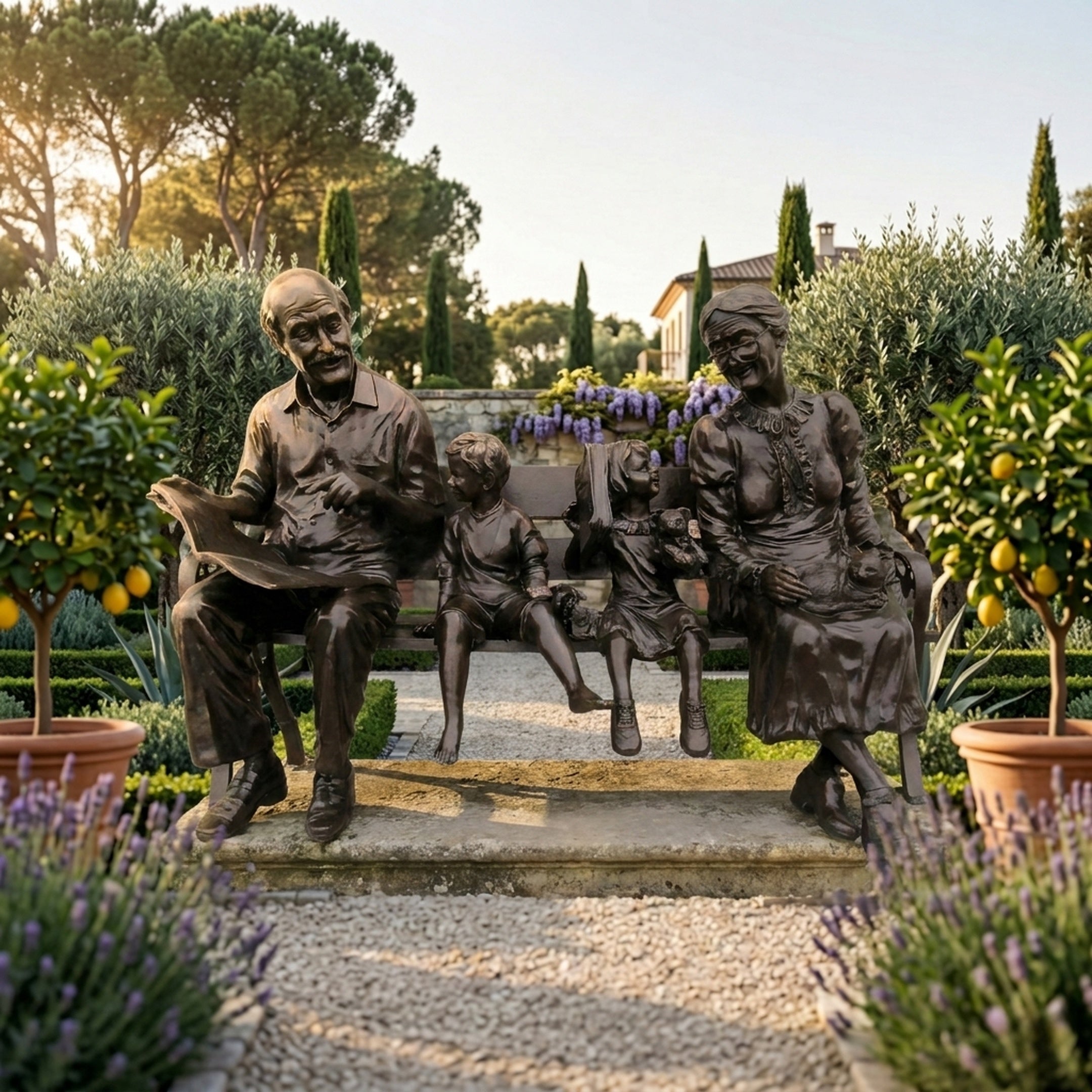 Life-size bronze sculpture by Giant Sculptures showing grandparents and two grandchildren seated on a bench in a Mediterranean garden with lemon trees and lavender.