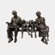 Life-Size Traditional Grandparents and Grandchildren on Bench Bronze Sculpture by Giant Sculptures, dark brown patina, four figures seated together on a slatted bench.