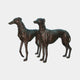 Life-Size Traditional Greyhound and Whippet Pair Bronze Sculpture by Giant Sculptures, two sighthounds standing alert with ruffled collars and warm brown patina.