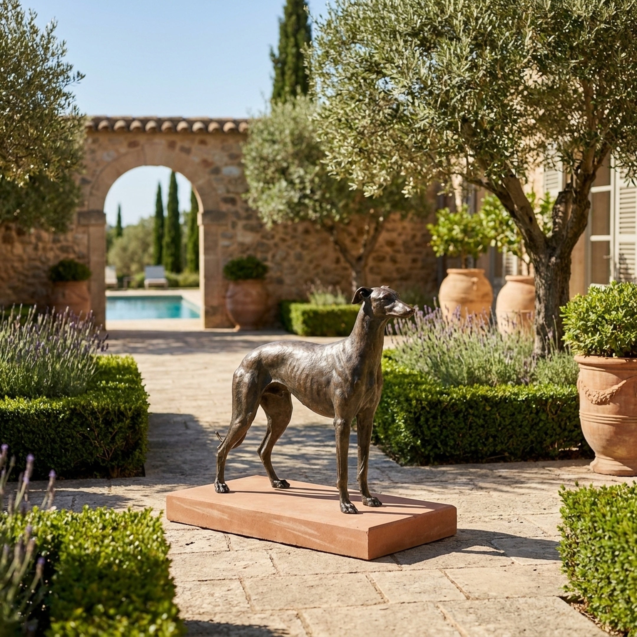 Life-Size Traditional Greyhound Bronze Sculpture by Giant Sculptures on a stone base in a Mediterranean garden with lavender, olive trees, and a pool beyond a stone arch.