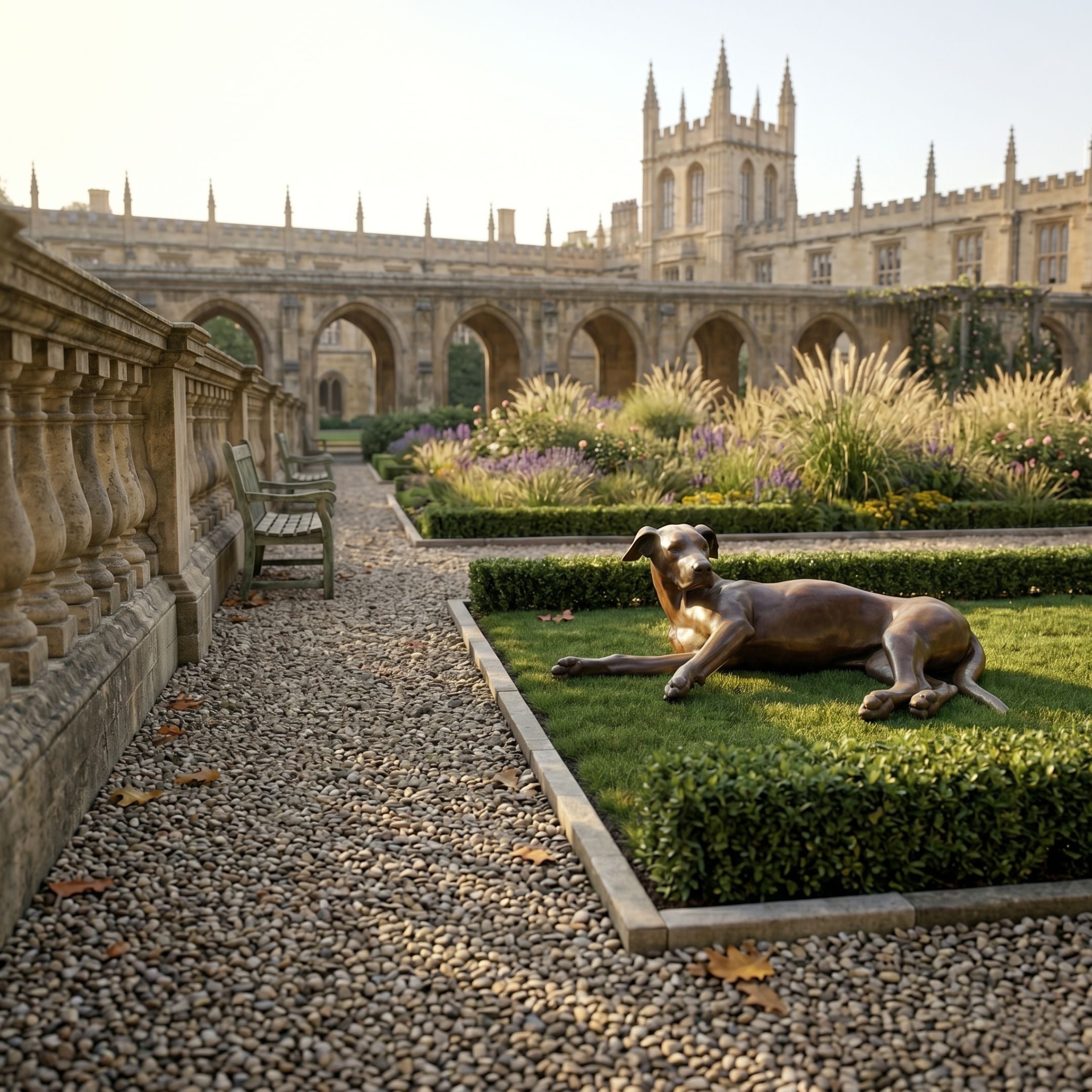 Life-Size Traditional Greyhound Bronze Sculpture by Giant Sculptures resting on a lawn in a historic college garden courtyard with stone arches behind.