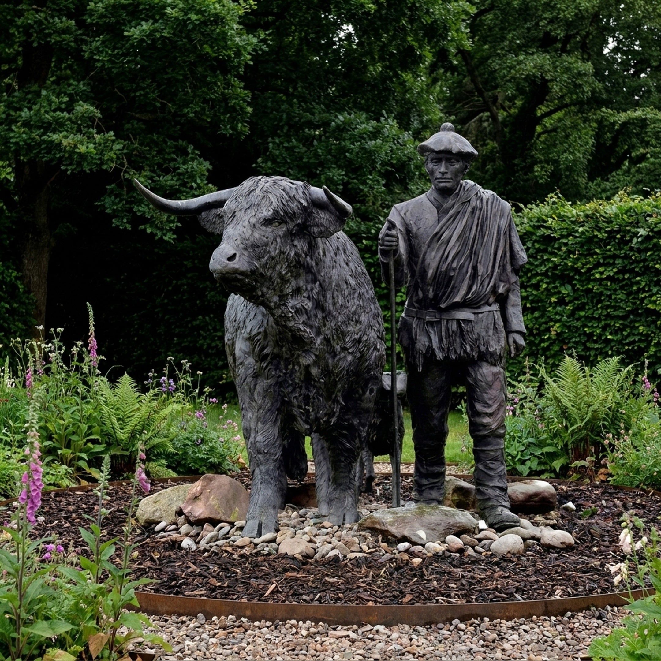 Life-Size Traditional Highland Bull and Herdsman Bronze Sculpture by Giant Sculptures, dark patina, set on stones in a garden bed with foxgloves and hedging.