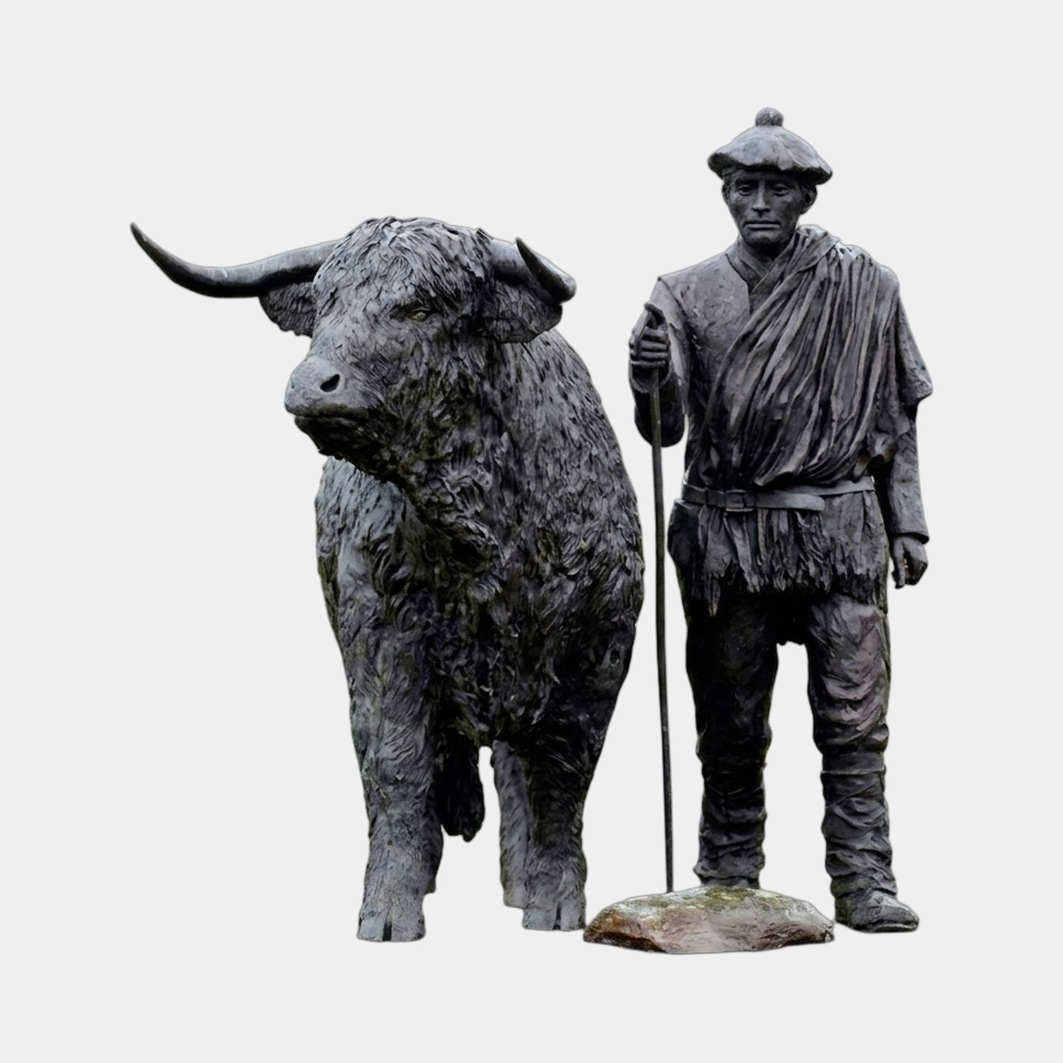 Life-Size Traditional Highland Bull and Herdsman Bronze Sculpture by Giant Sculptures, showing the long-horned bull beside a staff-bearing herdsman on a plain background.