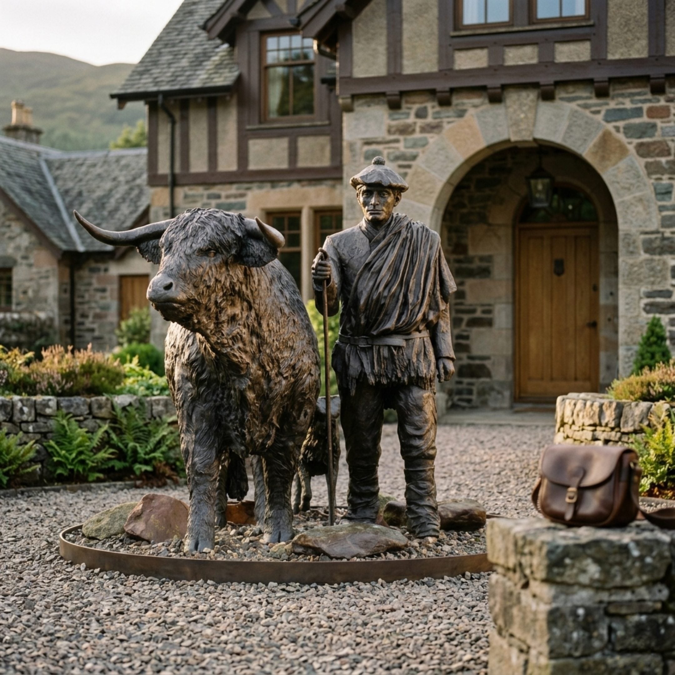 Life-Size Traditional Highland Bull and Drover Bronze Sculpture by Giant Sculptures displayed on gravel before a stone and timber Tudor-style country house.