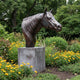 Life-Size Traditional Horse Head Bronze Sculpture by Giant Sculptures, dark bronze patina on a stone plinth, set among yellow marigolds and garden greenery.