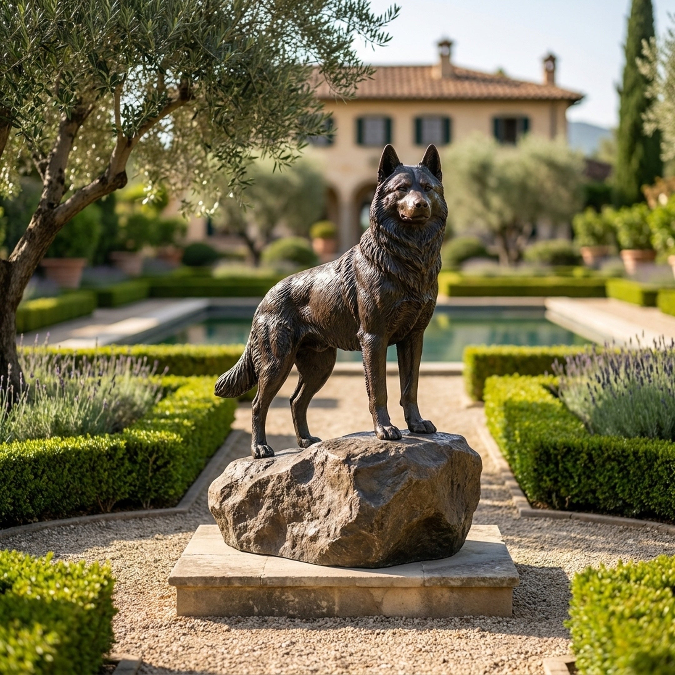 Life-Size Traditional Husky Dog Bronze Sculpture by Giant Sculptures with dark patina on a rock base, displayed in a formal garden with lavender and pool.