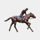 Giant Sculptures Life-Size Traditional Jockey and Galloping Horse Bronze Sculpture 280cm, warm brown patina, rider crouched low, shown side-on against a plain background.