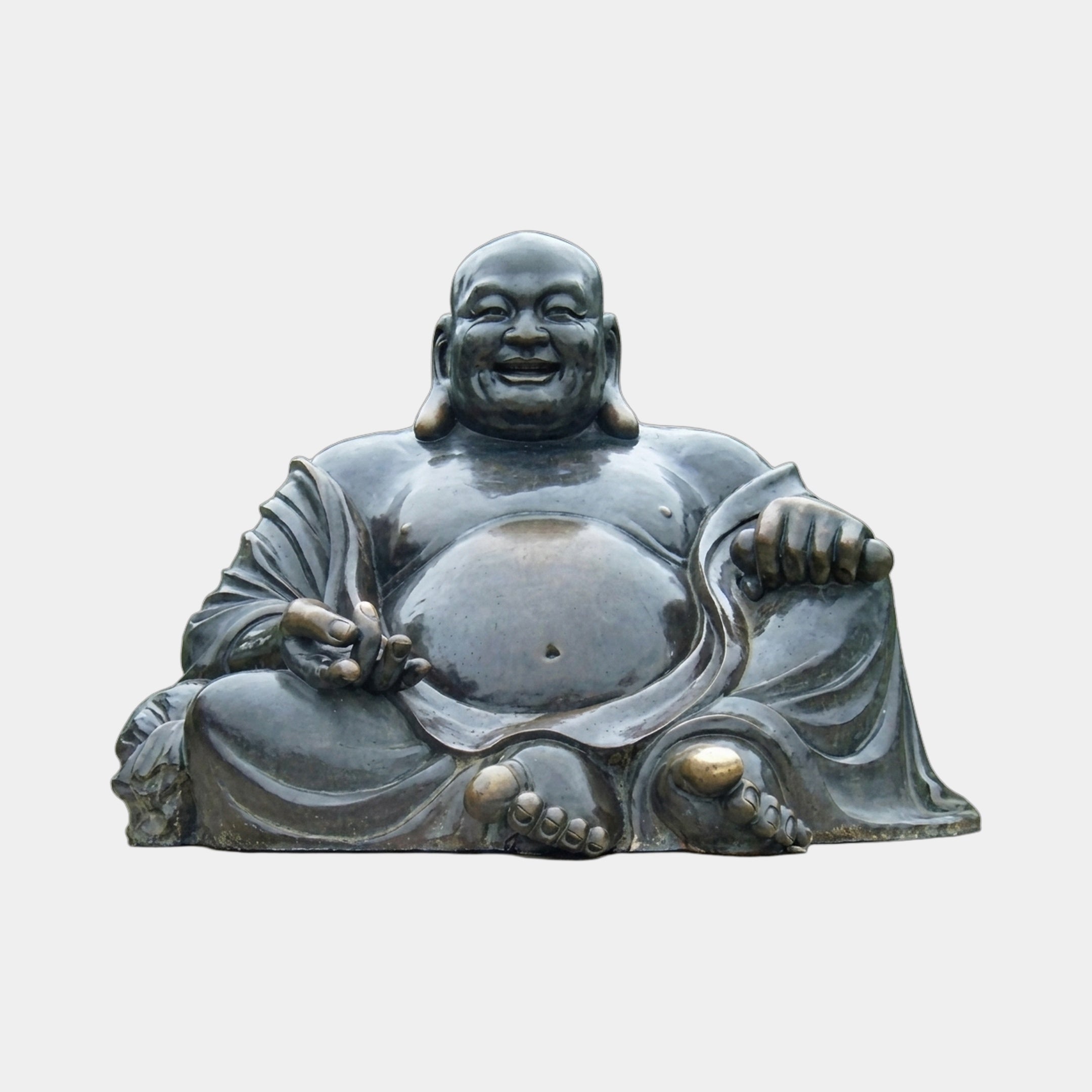 Life-Size Traditional Laughing Buddha Bronze Sculpture by Giant Sculptures, seated Budai with open robes and gilt-highlighted hands and feet, on a plain background.