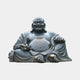 Life-Size Traditional Laughing Buddha Bronze Sculpture by Giant Sculptures, seated Budai with open robes and gilt-highlighted hands and feet, on a plain background.