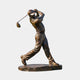 Life-Size Traditional Male Golfer Bronze Sculpture, 220cm, captured mid-swing with arms raised overhead, warm brown patina, on a textured base against a plain light grey background.