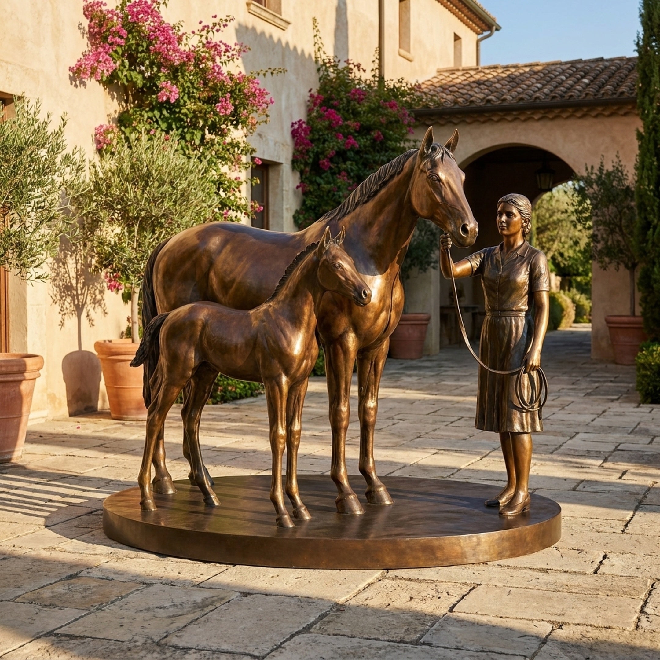 Life-Size Traditional Mare and Foal Bronze Sculpture by Giant Sculptures on a circular plinth in a Mediterranean courtyard with bougainvillea and stone paving.