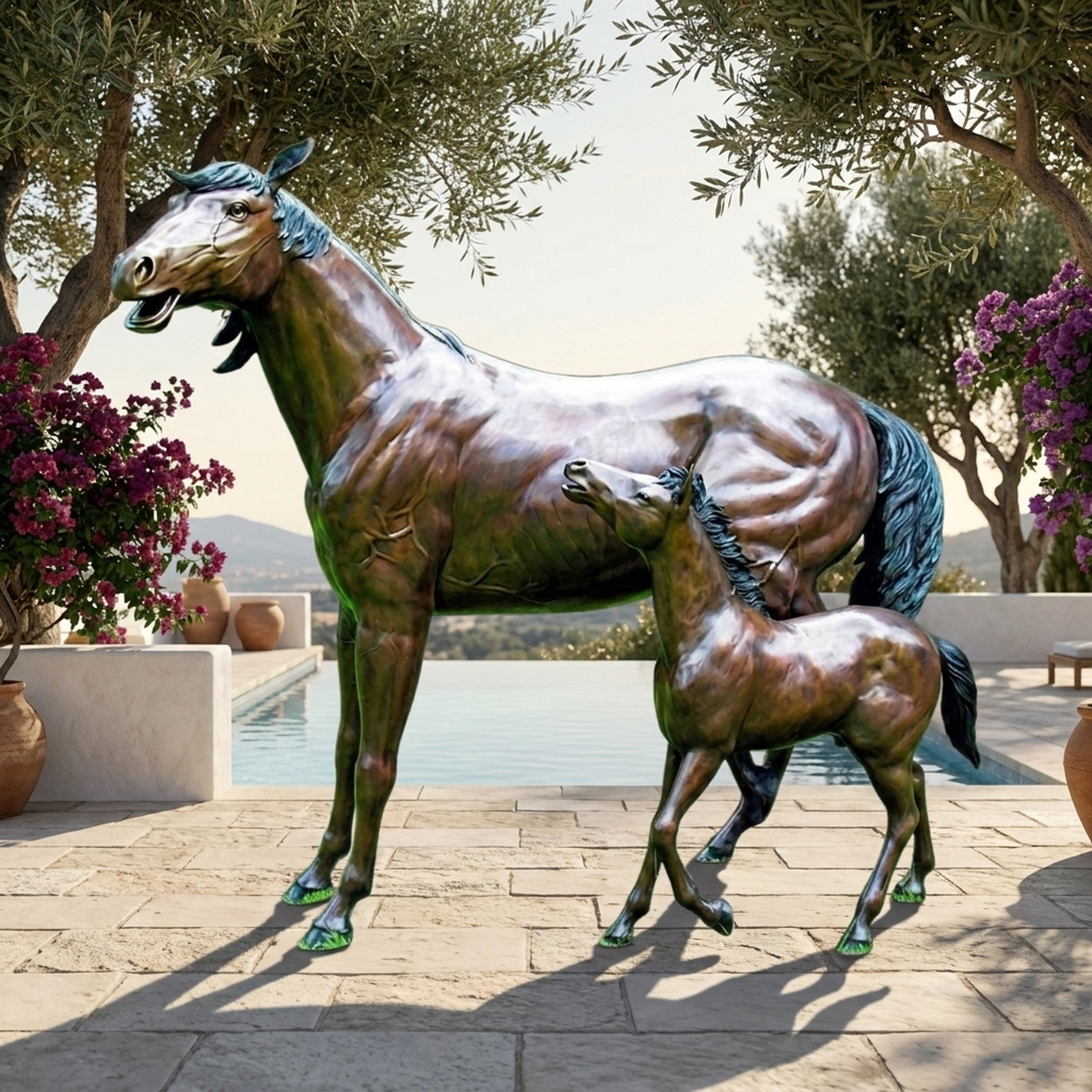 Life-Size Traditional Mare and Foal Bronze Sculpture by Giant Sculptures displayed on a stone terrace beside a pool, framed by olive trees and bougainvillea.