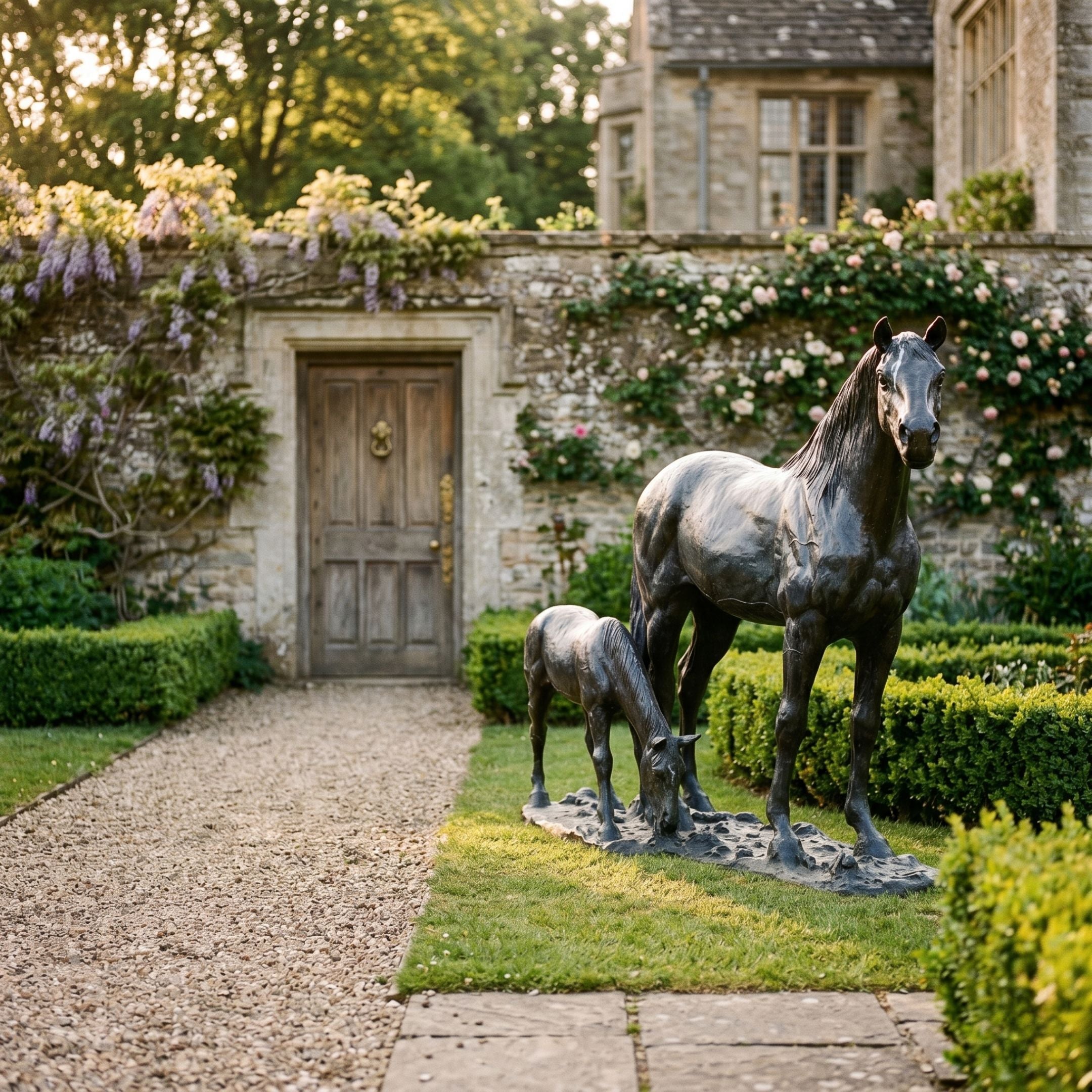 Life-Size Traditional Mare and Foal Bronze Sculpture by Giant Sculptures displayed in a walled garden with roses and wisteria beside a stone manor doorway.