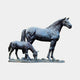 Life-Size Traditional Mare and Foal Bronze Sculpture by Giant Sculptures, 190cm, blackened patina mare standing alert beside a grazing foal on a textured base.