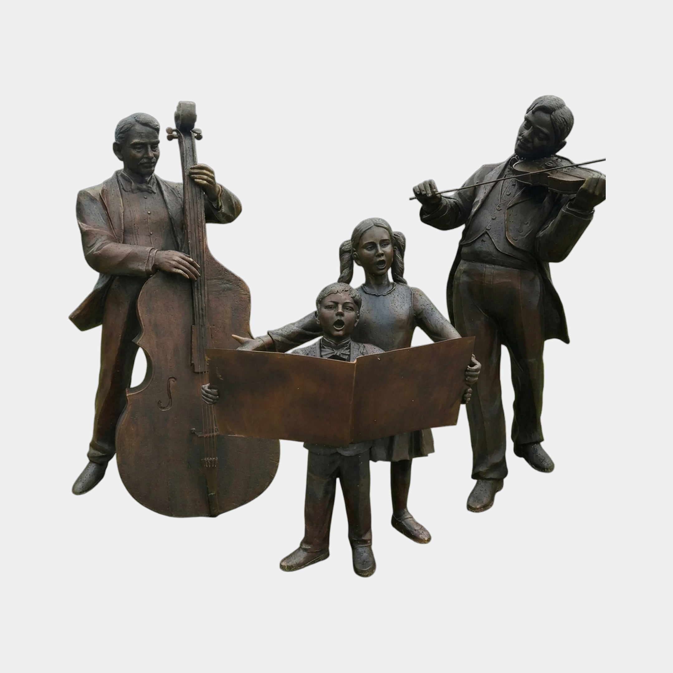 Life-Size Traditional Musician Ensemble Bronze Sculpture by Giant Sculptures, 240cm, showing a double bassist, violinist, and two singing children with sheet music.