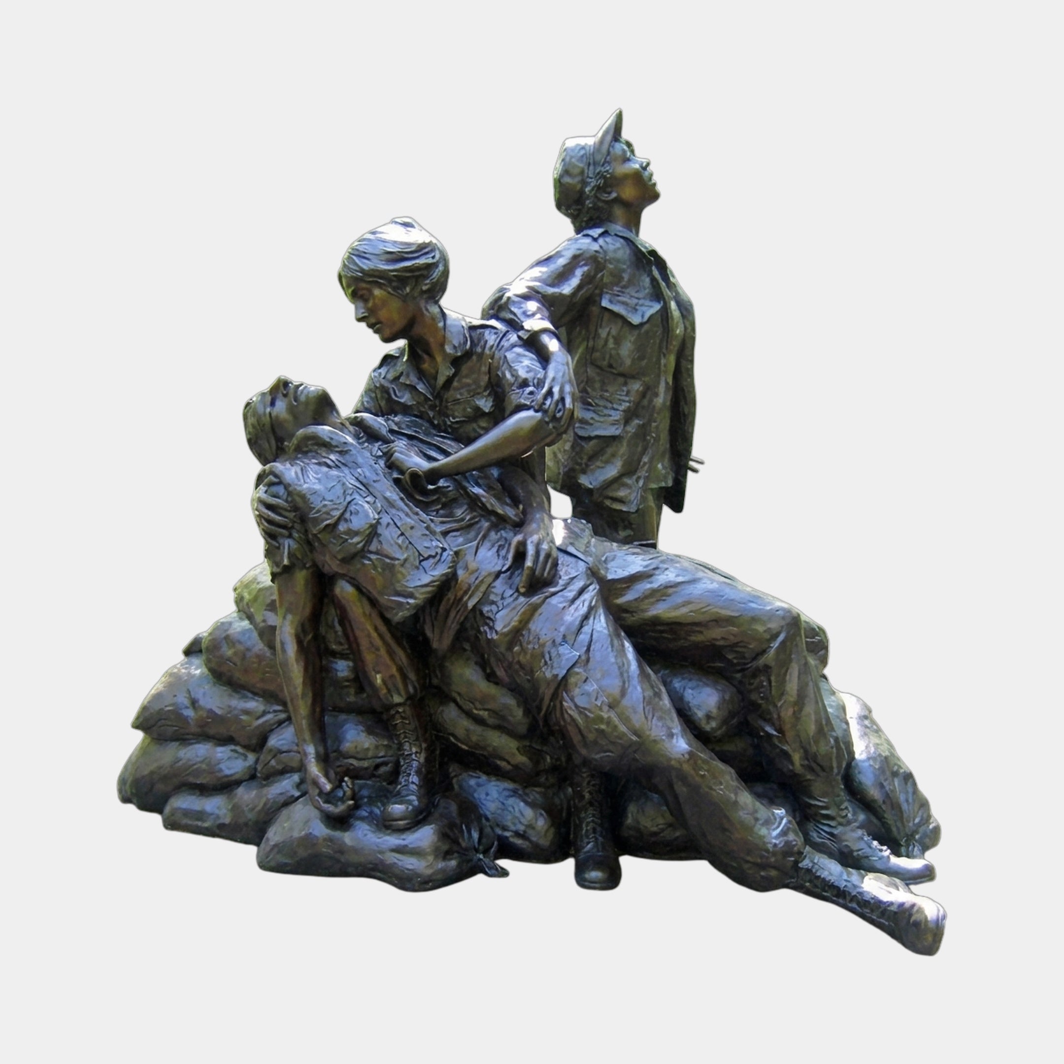 Life-Size Traditional Nurse and Soldiers Bronze Sculpture by Giant Sculptures, 220cm, showing a nurse cradling a wounded soldier with a standing figure behind.