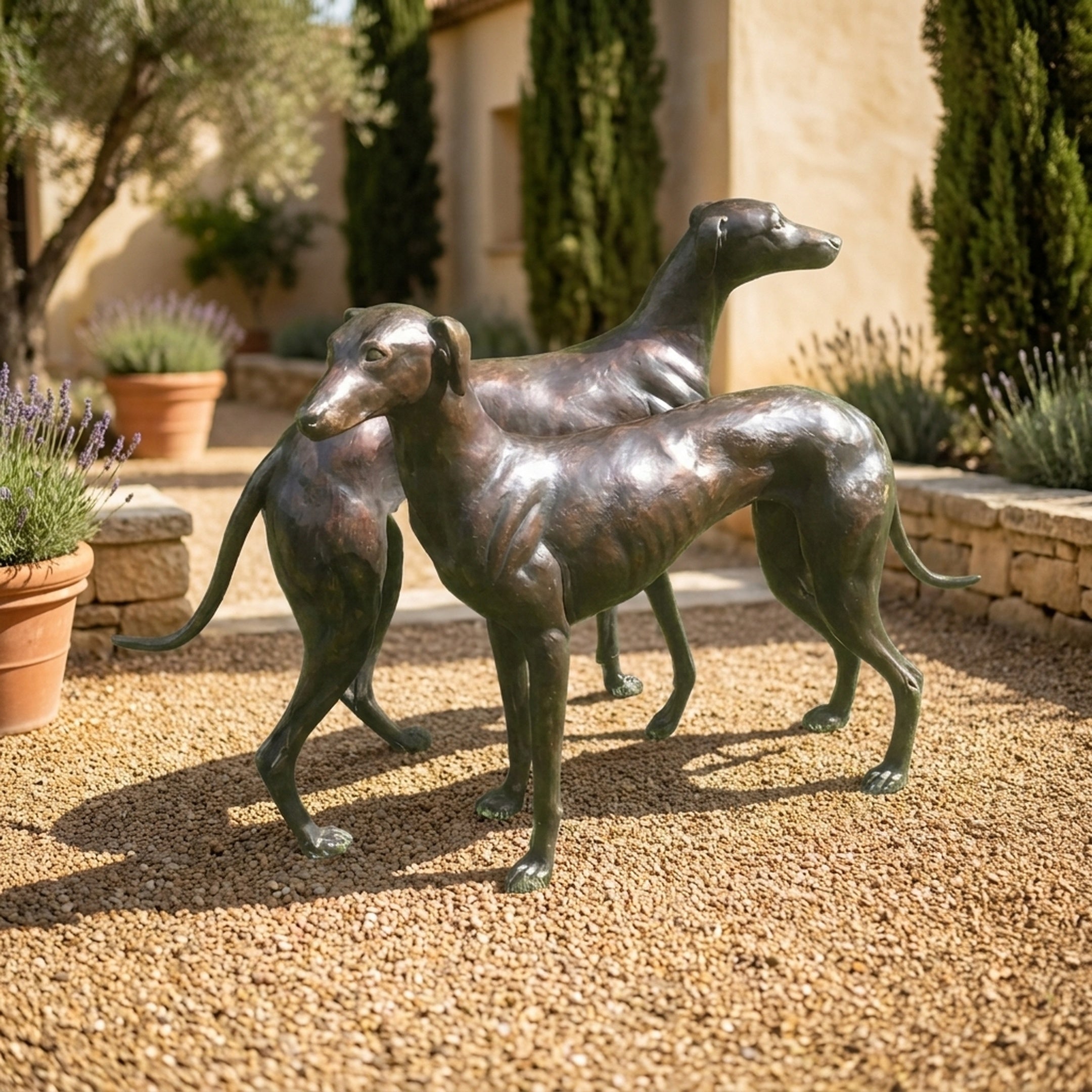 Life-Size Traditional Pair of Greyhounds Bronze Sculpture by Giant Sculptures, dark patina with reddish highlights, displayed on gravel in a Mediterranean garden.