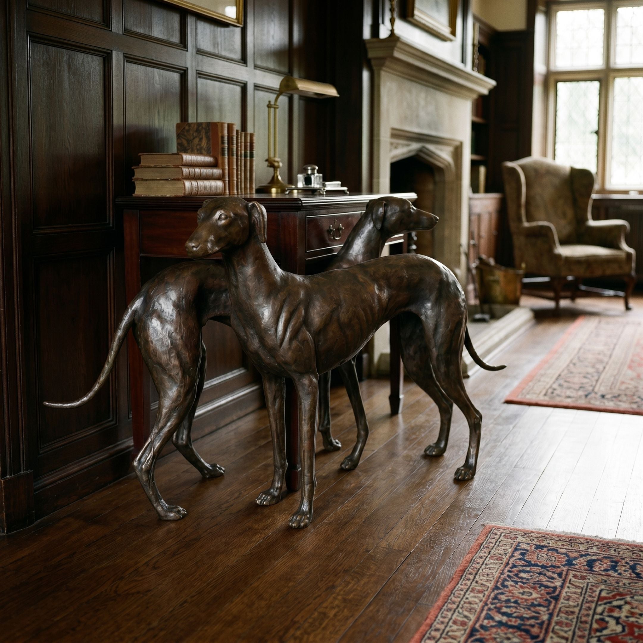 Life-Size Traditional Pair of Greyhounds Bronze Sculpture by Giant Sculptures, dark brown patina, displayed on hardwood floor beside a wood-panelled study desk.