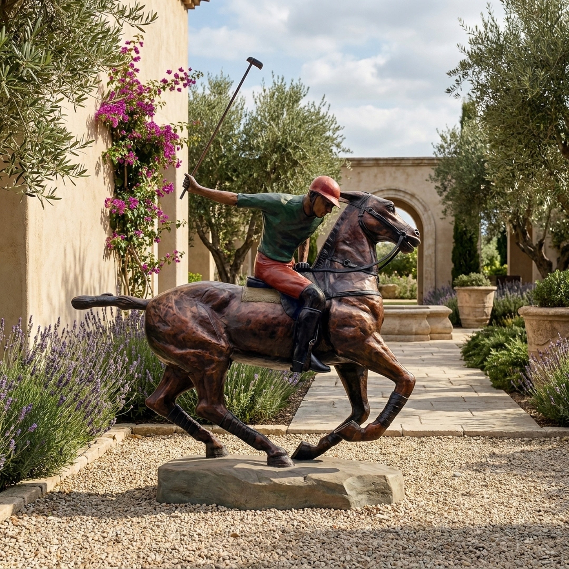 Life-Size Traditional Polo Player and Horse Bronze Sculpture by Giant Sculptures, rider with raised mallet on galloping horse, displayed on gravel in a Mediterranean garden.
