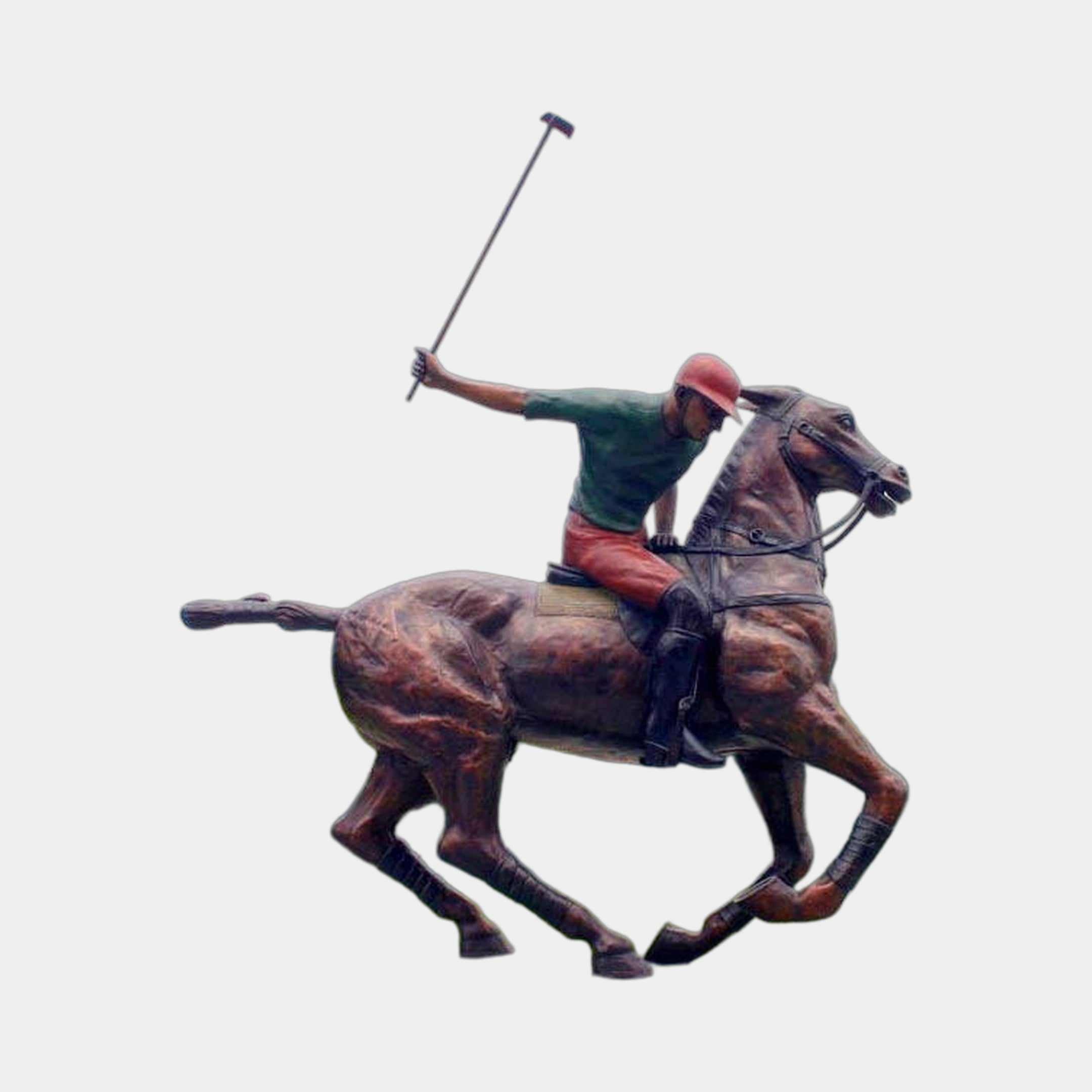 Life-Size Traditional Polo Player and Horse Bronze Sculpture by Giant Sculptures, rider in green shirt and red cap swinging mallet high mid-gallop, on plain background.