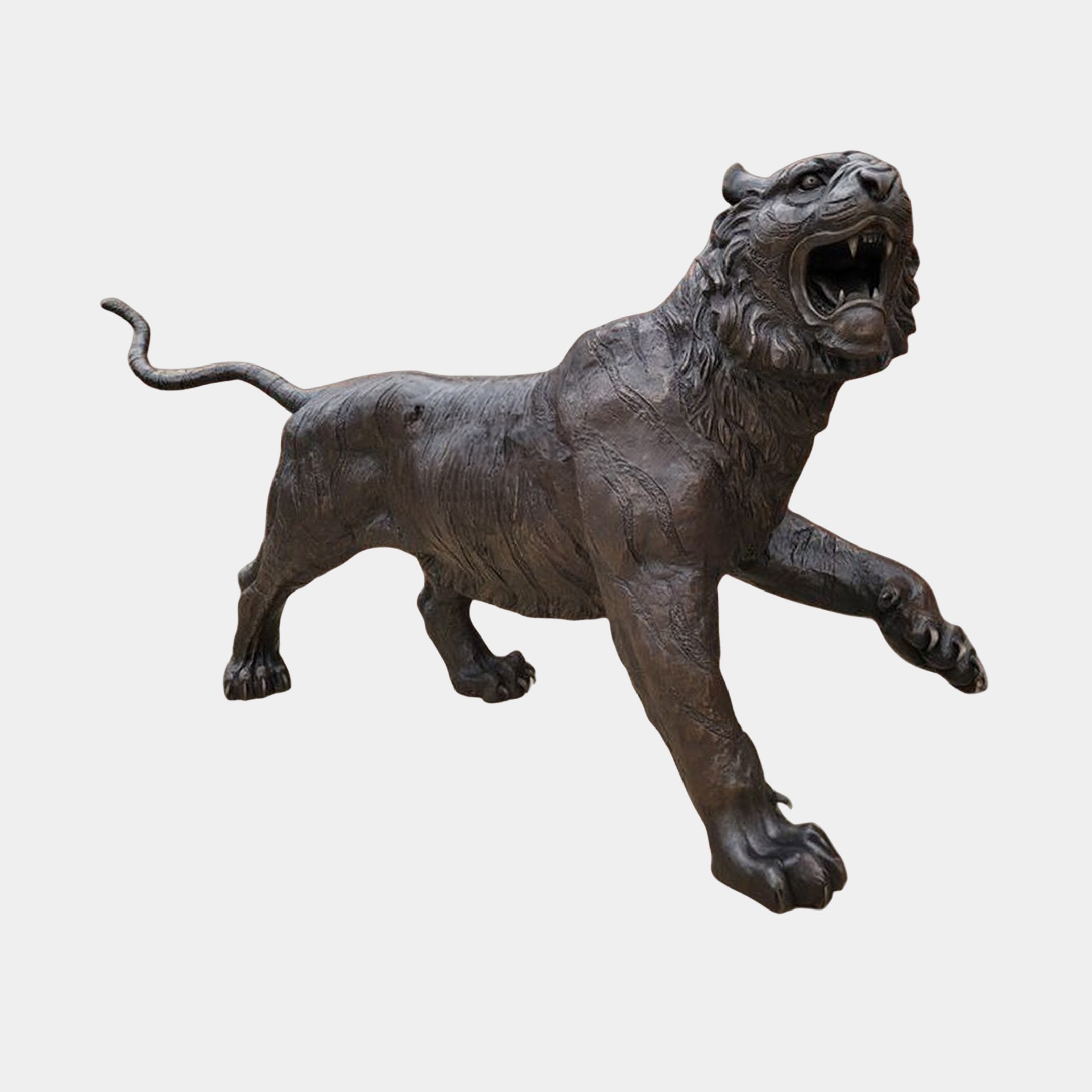 Life-Size Traditional Prowling Tiger Bronze Sculpture from Giant Sculptures, shown mid-stride with bared fangs and dark brown-black patina on a plain background.