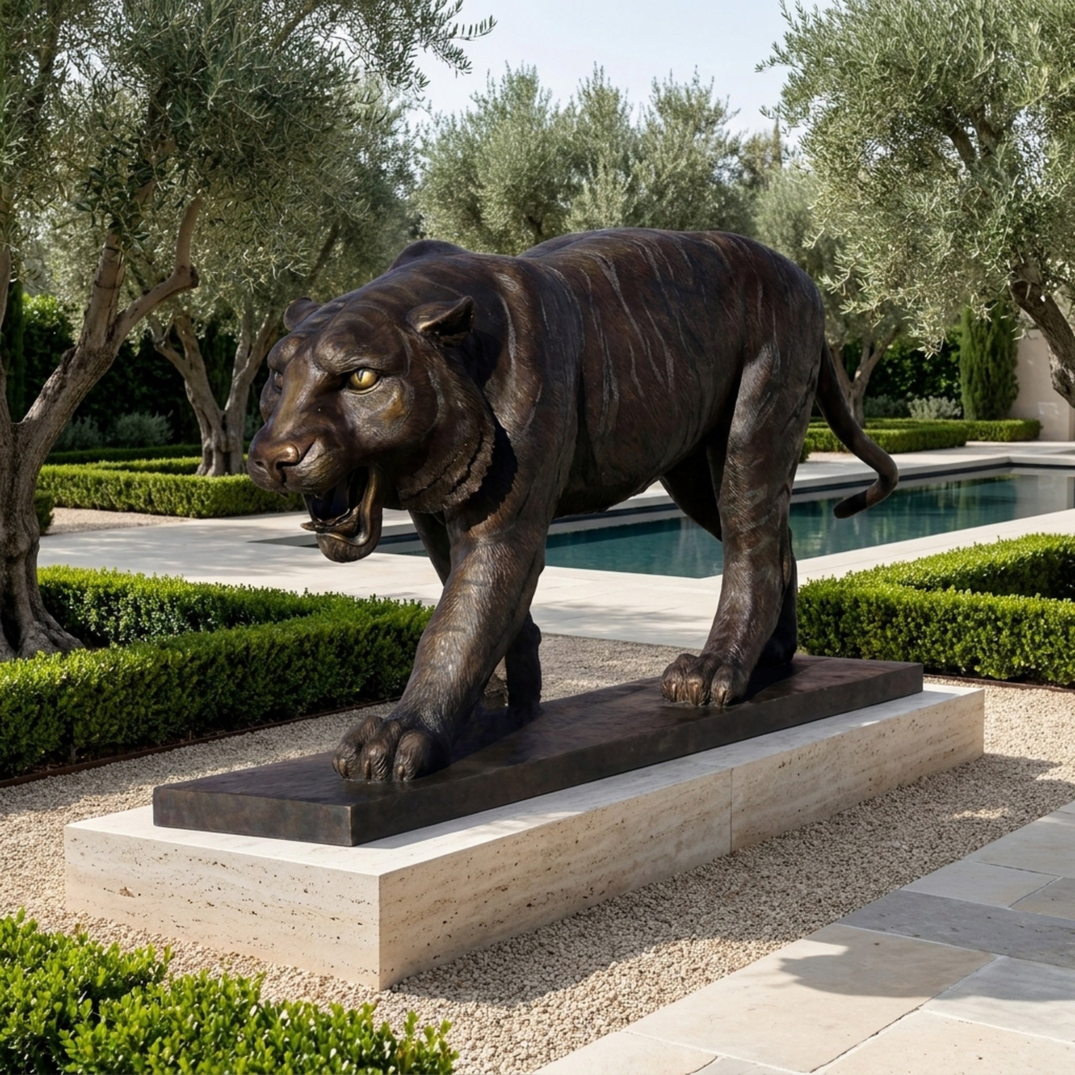 Life-Size Traditional Prowling Tiger Bronze Sculpture by Giant Sculptures, 220cm, snarling mid-stride on a dark plinth in a garden courtyard with olive trees and pool.