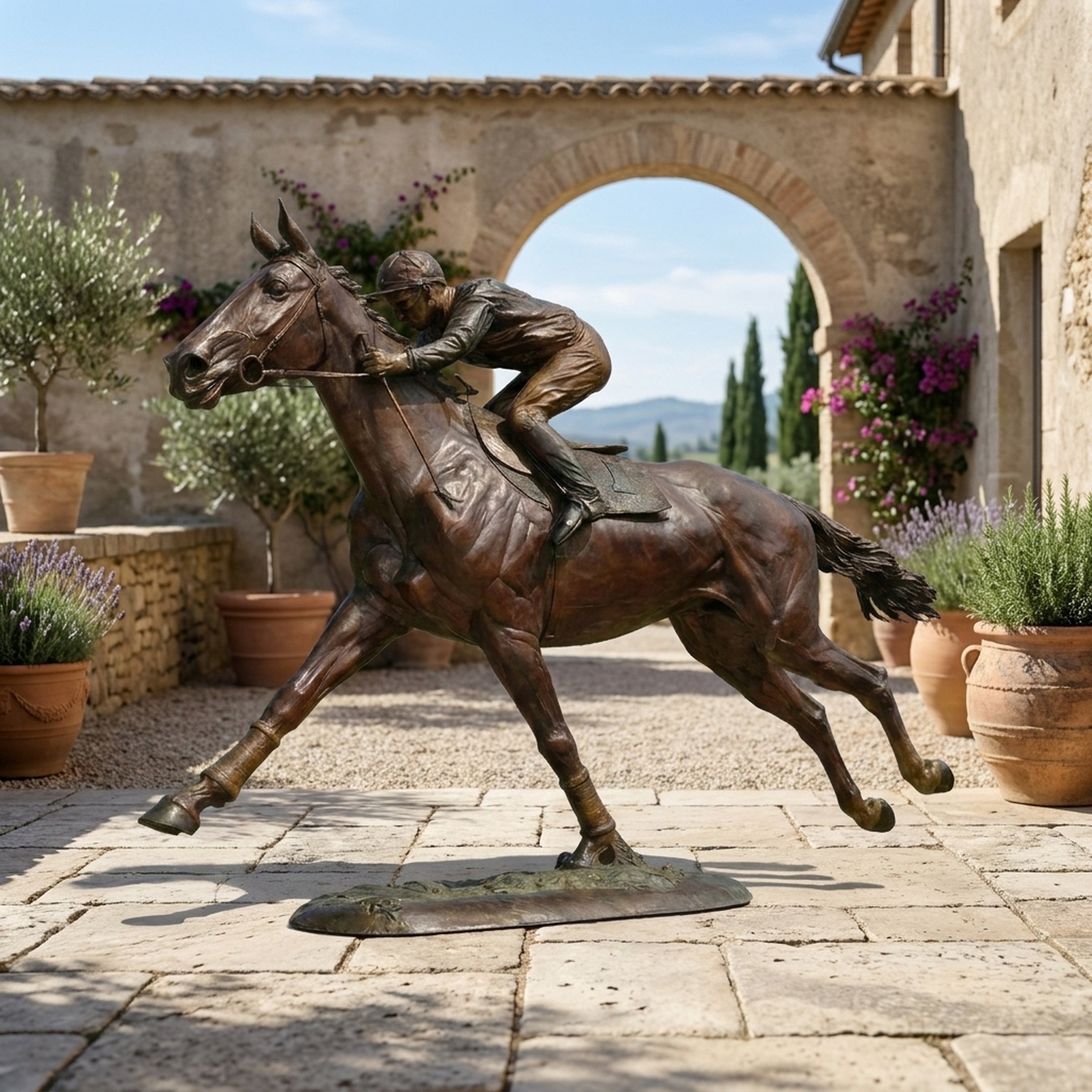 Life-Size Traditional Racing Horse and Jockey Bronze Sculpture by Giant Sculptures shown mid-gallop on a Mediterranean stone courtyard near an arched wall.