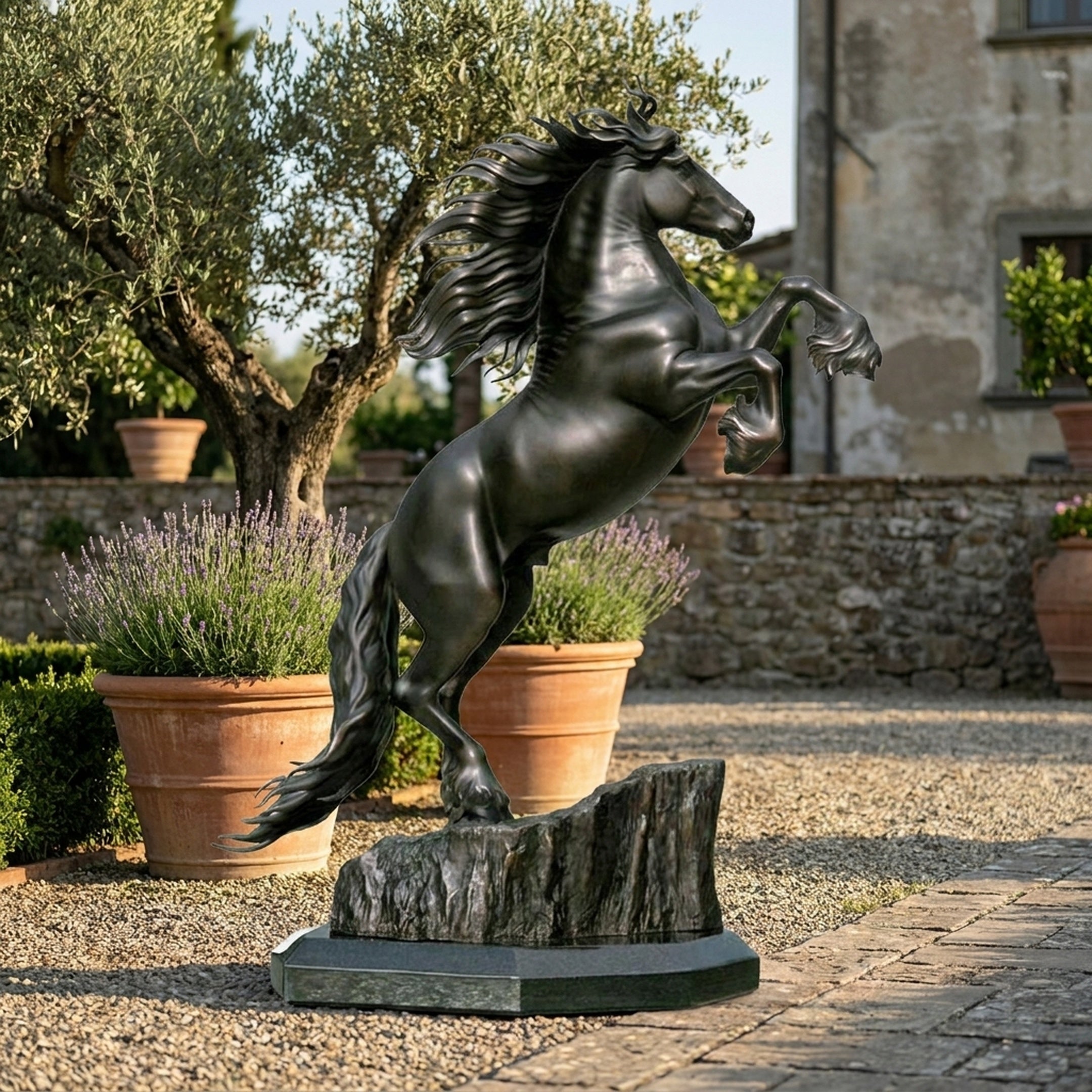 Giant Sculptures Life-Size Traditional Rearing Horse Bronze Sculpture on rocky base in a Tuscan courtyard with lavender pots, olive tree, and stone villa.