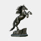 Life-Size Traditional Rearing Horse Bronze Sculpture by Giant Sculptures, dark patina stallion reared on hind legs atop a rocky outcrop base, plain background.