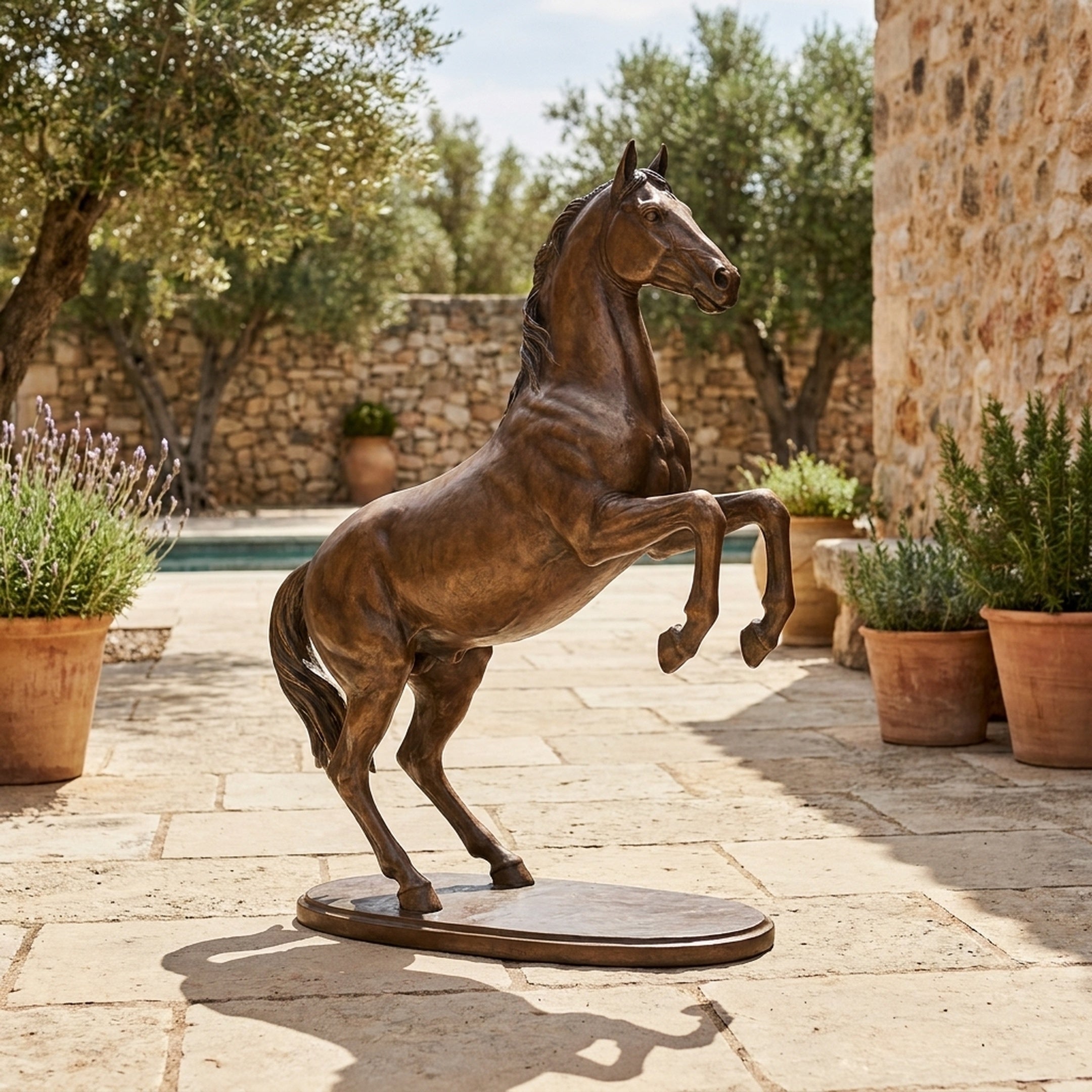 Life-Size Traditional Rearing Horse Bronze Sculpture by Giant Sculptures, 210cm, shown on an oval base in a stone courtyard with olive trees and potted lavender.