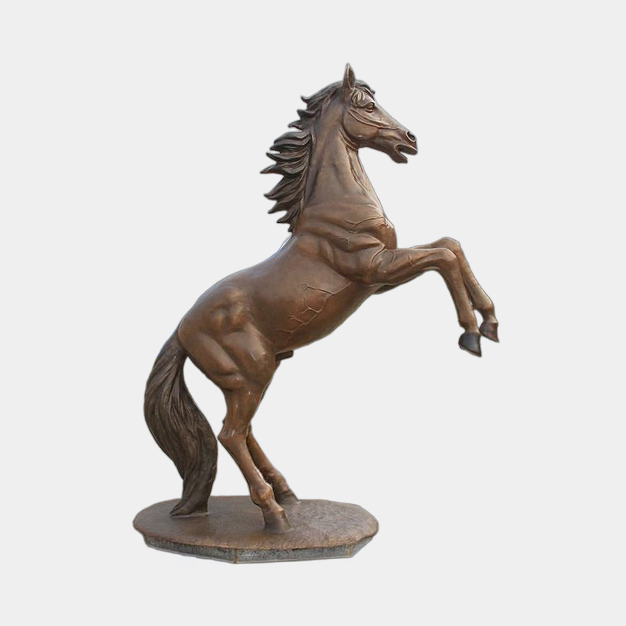 Giant Sculptures' Life-Size Traditional Rearing Horse Bronze Sculpture in warm mid-brown patina, reared on hind legs with flowing mane, on an oval base.