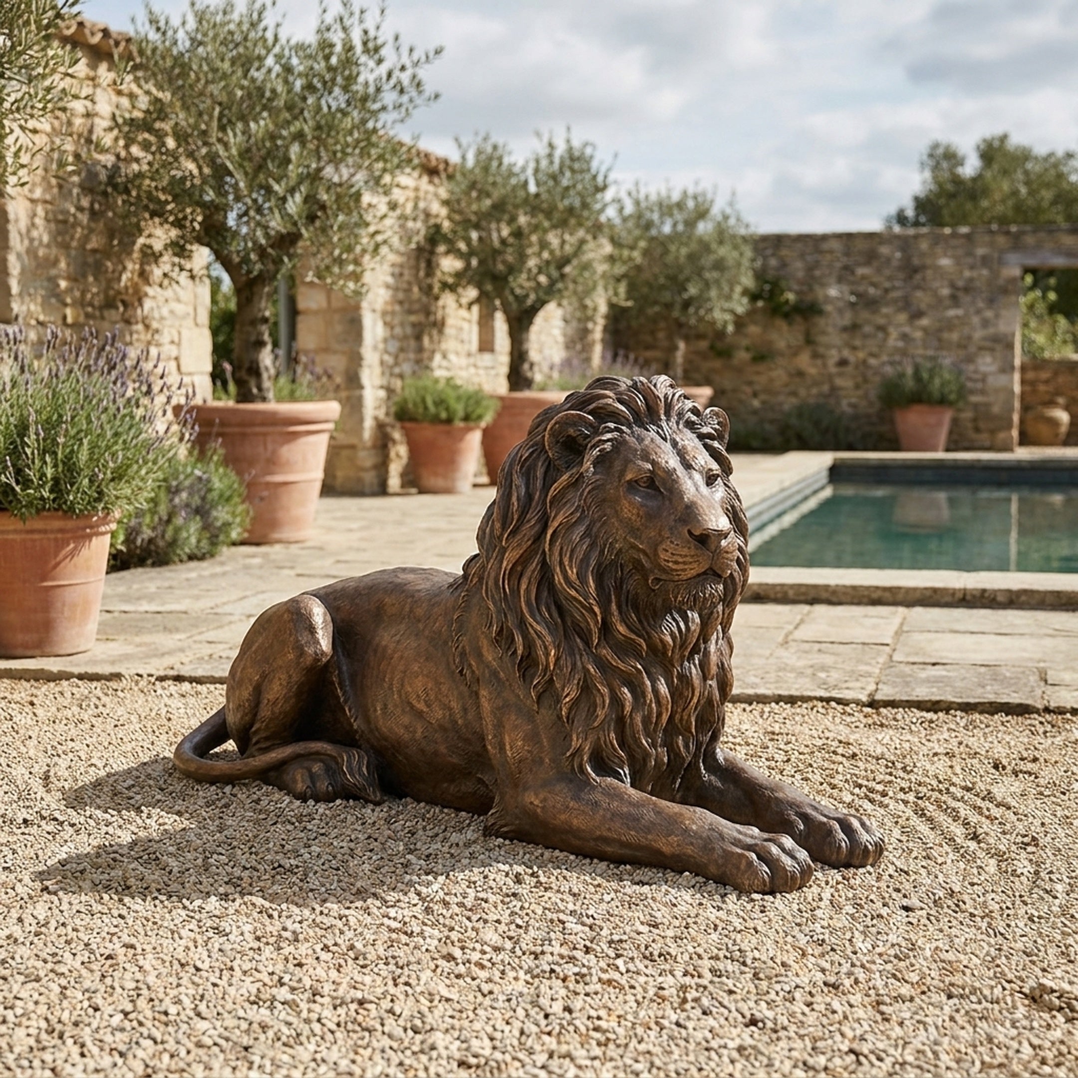 Giant Sculptures Life-Size Traditional Recumbent Lion Bronze Sculpture 150cm resting on gravel beside a pool, with olive trees, lavender and stone walls behind.