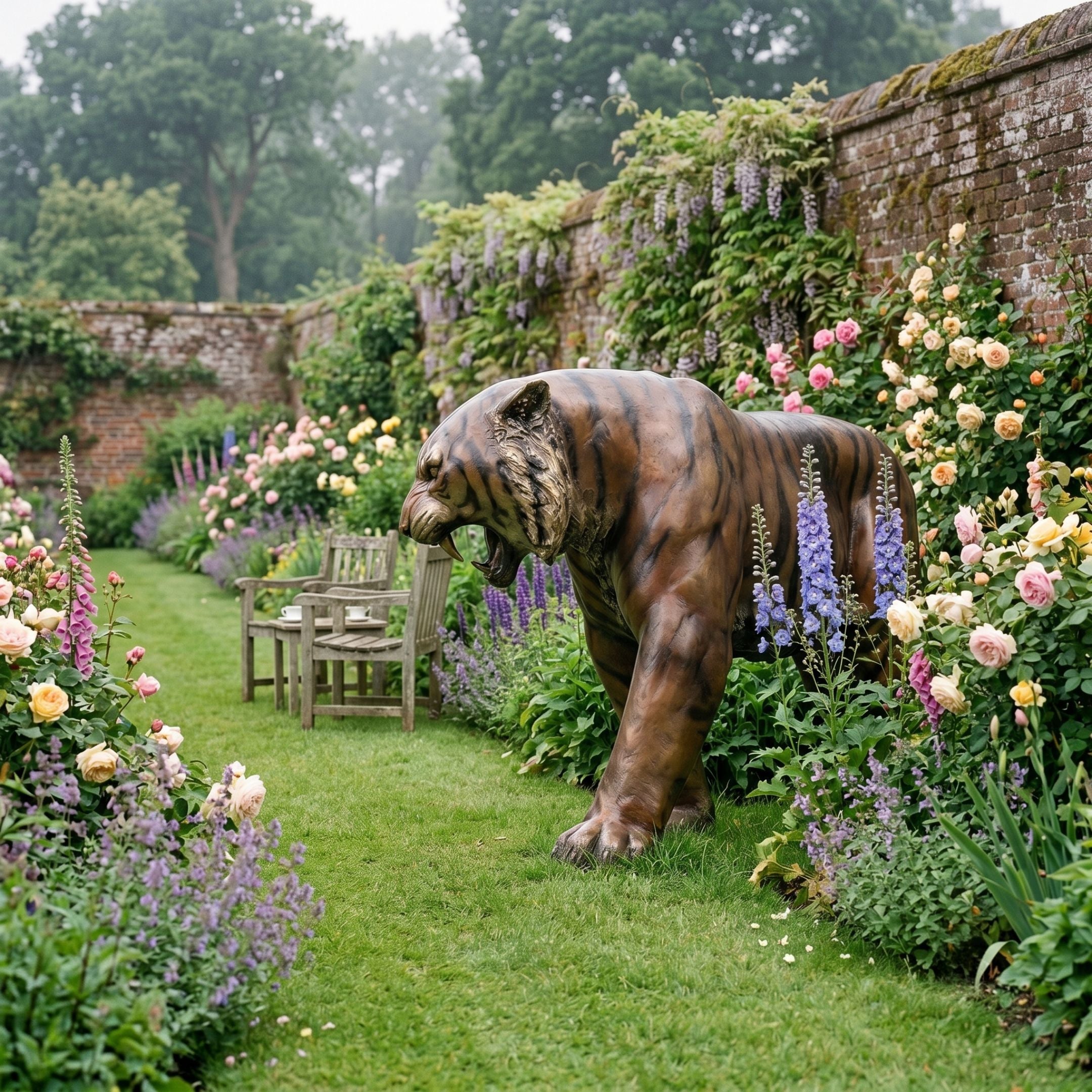 Life-Size Traditional Roaring Tiger Bronze Sculpture by Giant Sculptures in a walled garden with roses, wisteria, foxgloves, and a wooden bench.