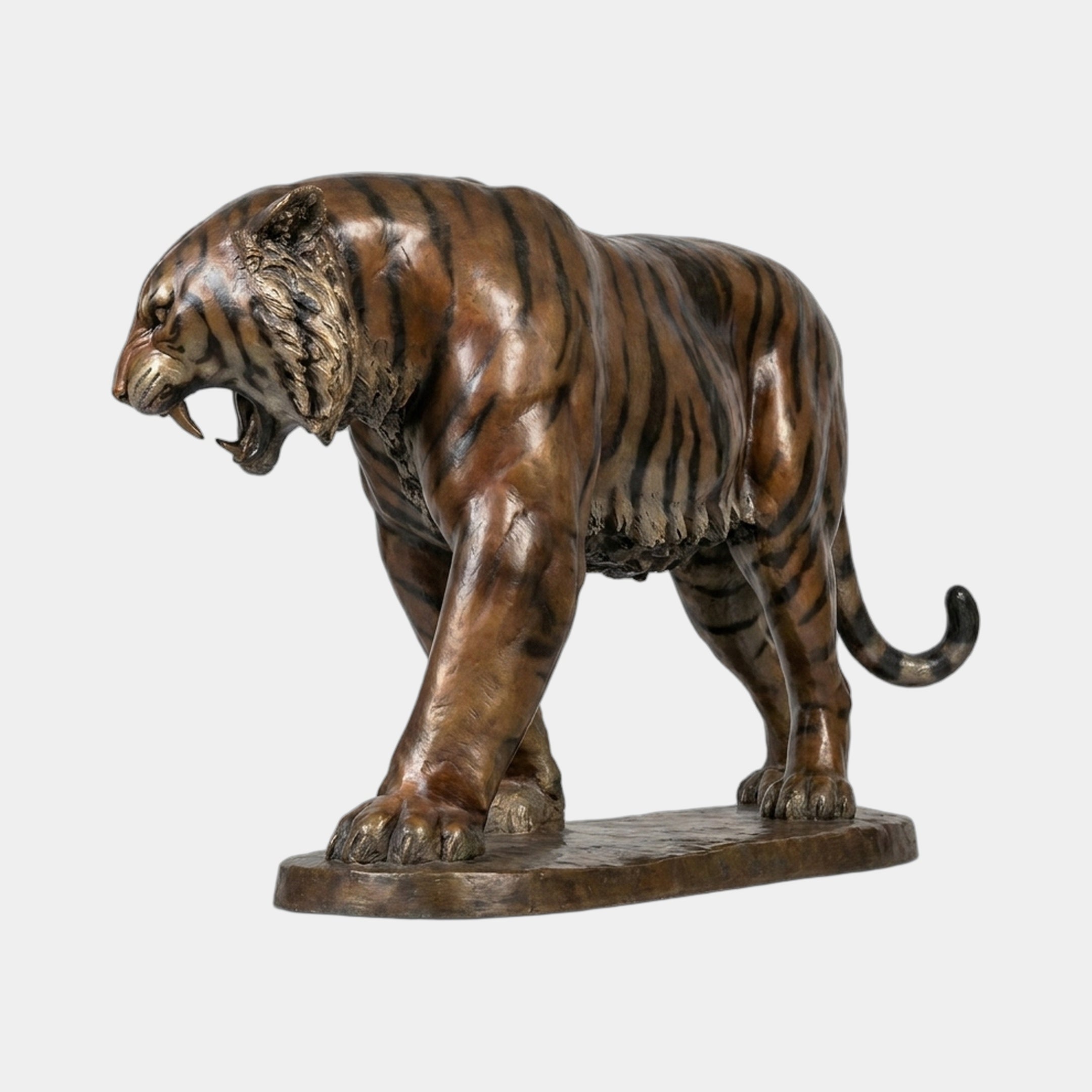 Life-Size Traditional Roaring Tiger Bronze Sculpture 220cm by Giant Sculptures, side view with open jaw and striped brown patina, on an oval base.