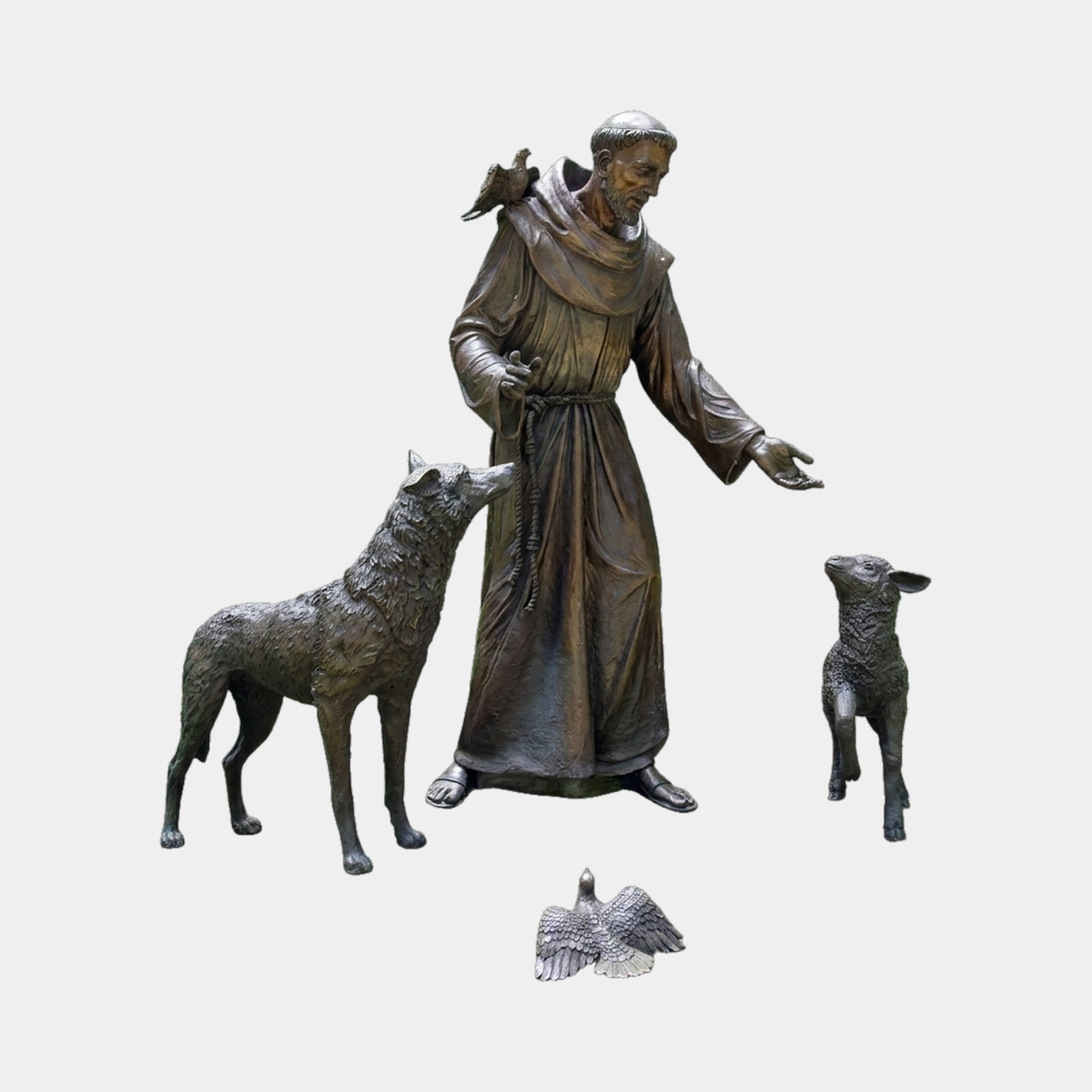 Giant Sculptures Life-Size Traditional Robed Saint with Wolf and Animal Companions Bronze Sculpture 180cm, shown with wolf, lamb and bird on plain background.