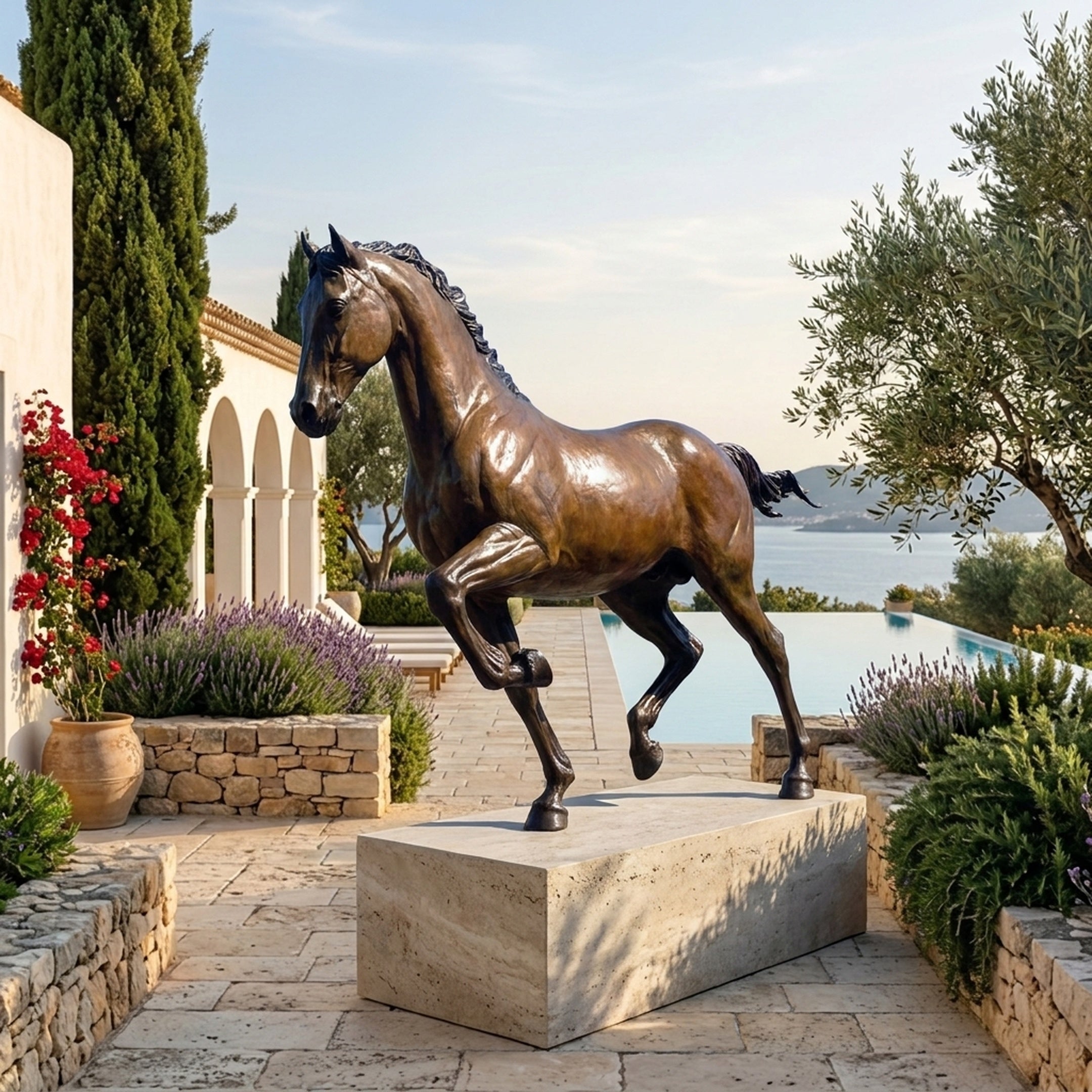 Life-Size Traditional Running Horse Bronze Sculpture by Giant Sculptures on a stone plinth beside a Mediterranean terrace with lavender, olive trees and sea views.
