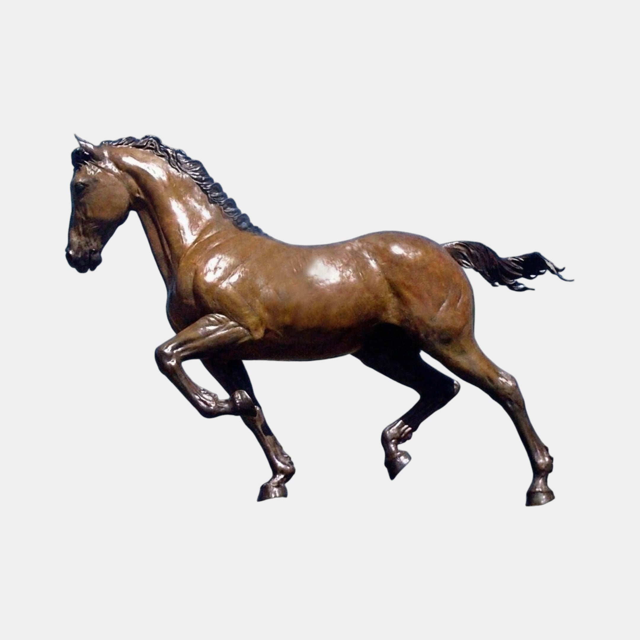 Giant Sculptures Life-Size Traditional Running Horse Bronze Sculpture in warm brown patina, mid-gallop with mane and tail streaming, on a plain background.
