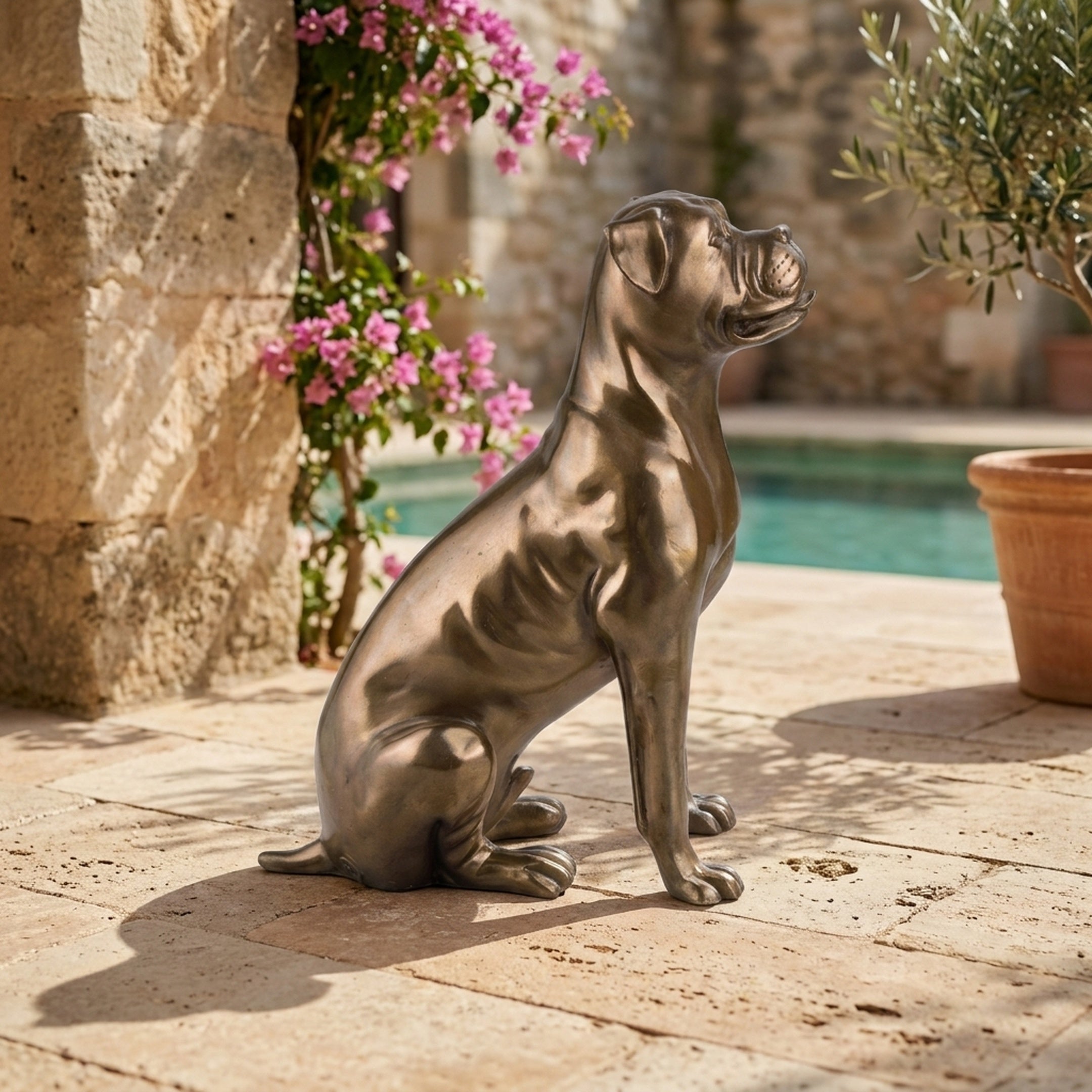 Life-Size Traditional Seated Boxer Dog Bronze Sculpture by Giant Sculptures displayed on a stone terrace beside a pool, with bougainvillea and an olive tree nearby.