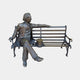 Life-Size Traditional Seated Gentleman Bronze Sculpture by Giant Sculptures, a Victorian figure with crossed legs and top hat resting on the bench beside him.